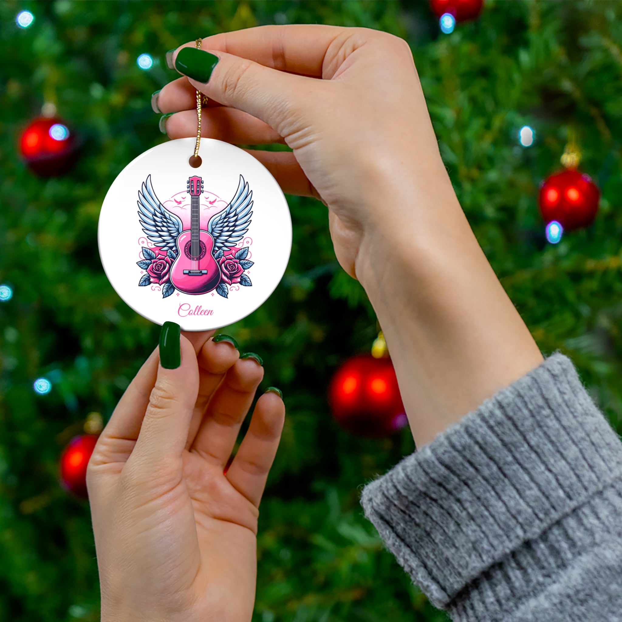 Personalized Pink Guitar Ornament with Wings & Roses – Custom Name 3" Ceramic Christmas Tree Decoration, Music Lover or Guitarist Gift