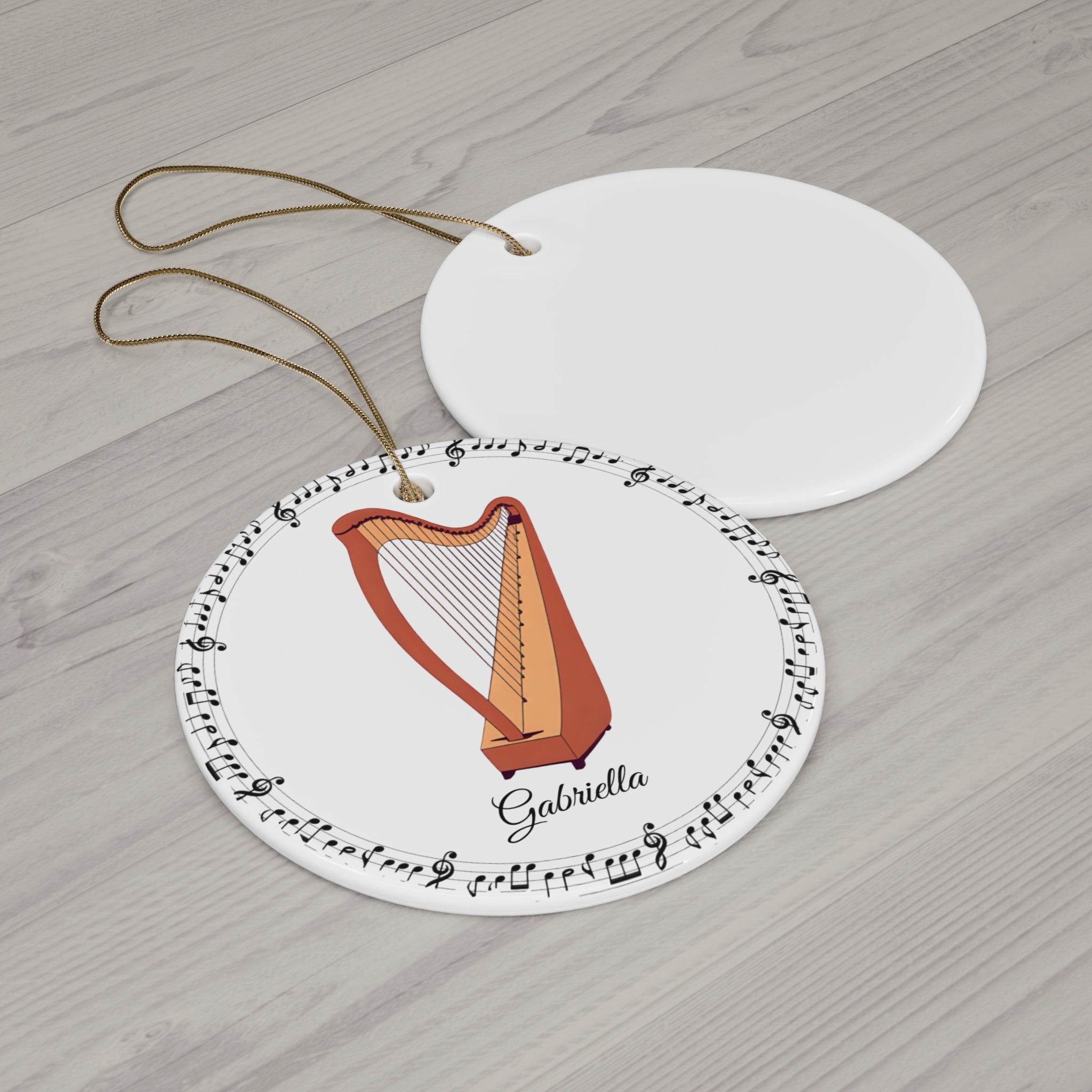 Custom Harp Ornament with Name – Personalized Ceramic Christmas Decoration, Gift for Harp Player, Orchestra Student, or Music Teacher