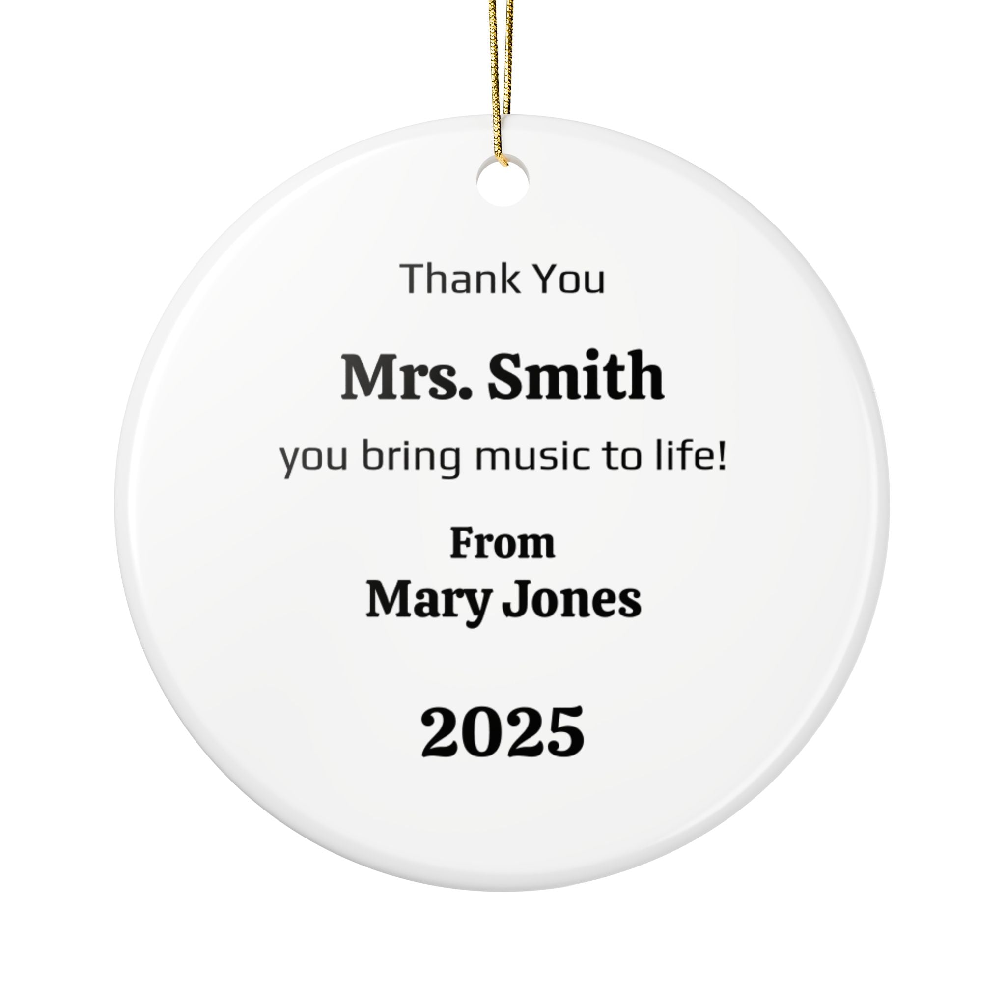 Personalized Music Teacher Ornament, Black and White Treble Clef Ceramic Keepsake, Custom Name and Year, Two-Sided Ornament Gift