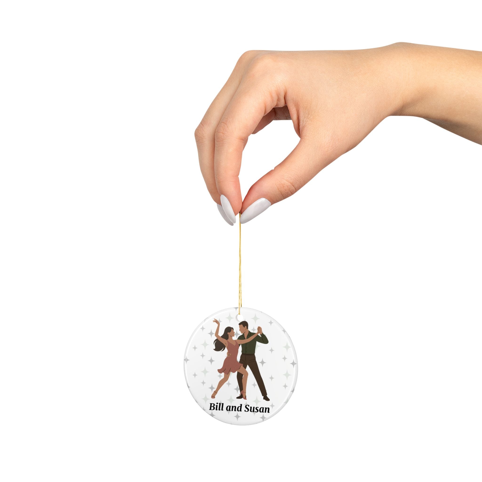 Personalized Salsa Dancing Couple Ornament – 2-Sided Round Ceramic Keepsake with Name, Dance School & Year – Dancer Gift