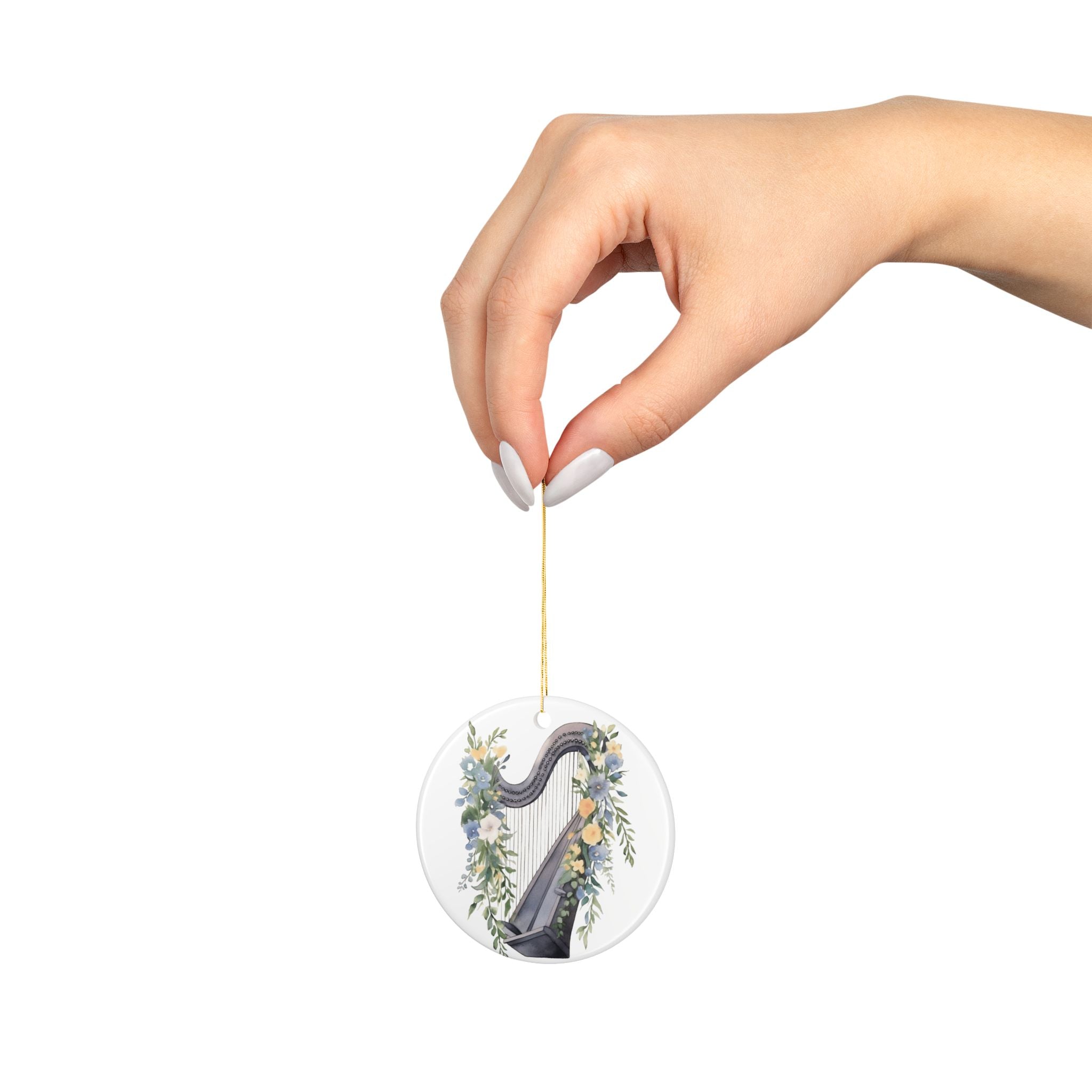 Personalized Harp Ornament, Floral Music Teacher Gift, 2-Sided Ceramic Christmas Ornament with Gold Cord, Custom Name & Year