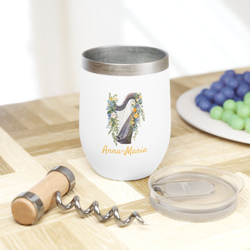 Personalized Floral Harp Wine Tumbler – 12oz Stainless Steel Cup, Insulated Music Lover Gift for Harpists, Teachers & Orchestra Fans