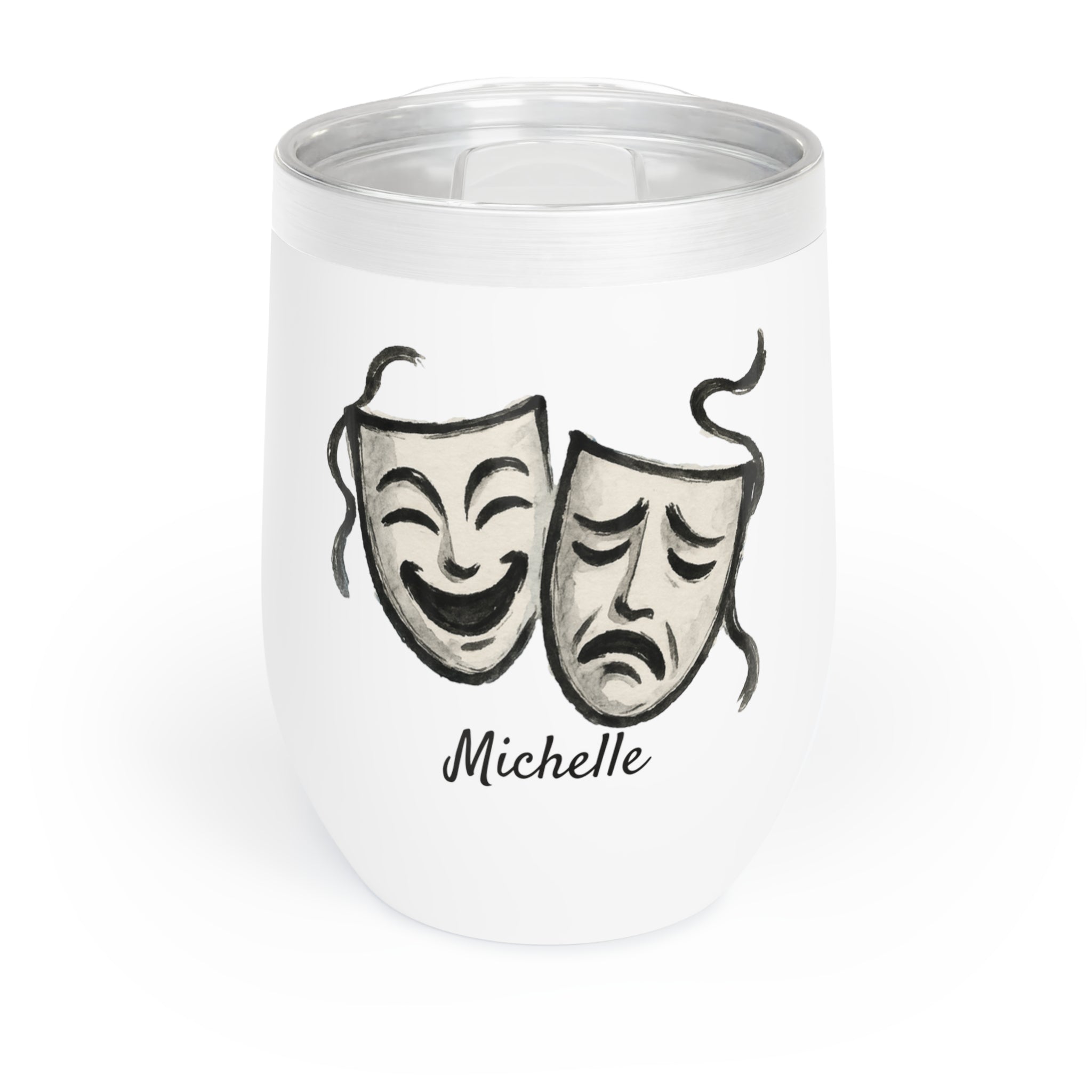 Theater Mask Art Wine Tumbler – 12oz Personalized Stainless Steel Cup, Insulated Gift for Drama Lovers, Actors & Stage Crew