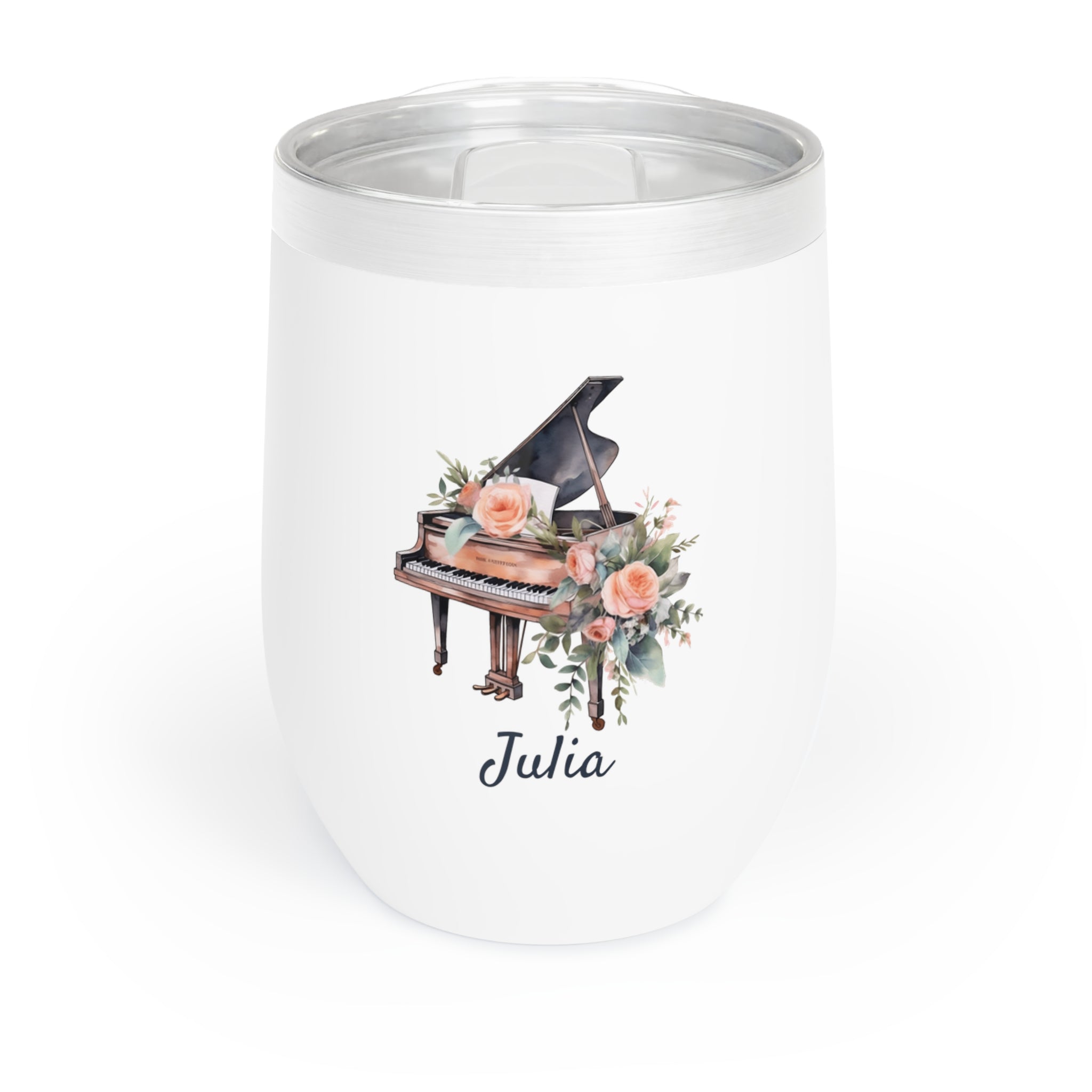 Personalized Grand Piano and Flowers Wine Tumbler – 12oz Stainless Steel Cup, Insulated Music Lover Gift for Pianists and Piano Teachers