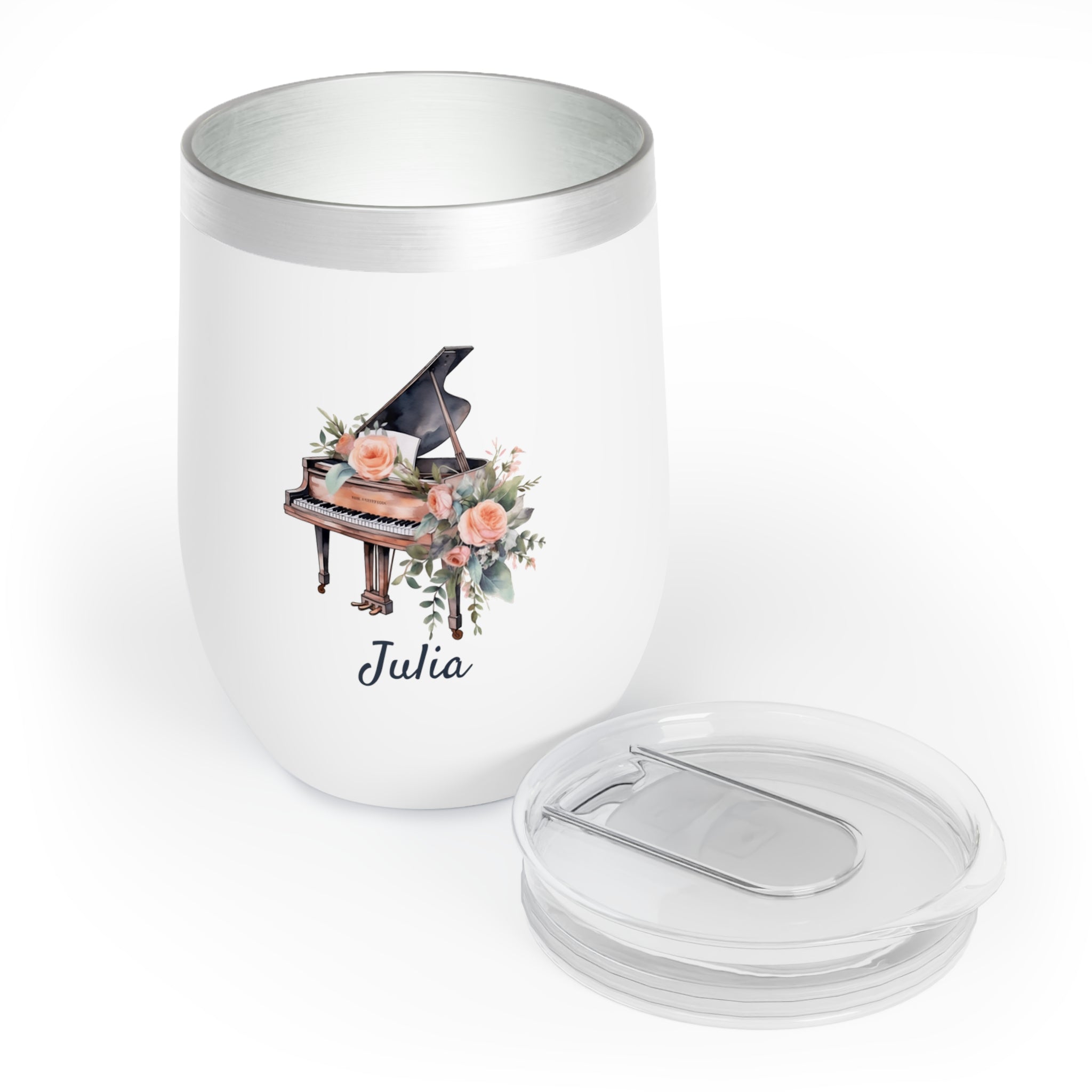 Personalized Grand Piano and Flowers Wine Tumbler – 12oz Stainless Steel Cup, Insulated Music Lover Gift for Pianists and Piano Teachers