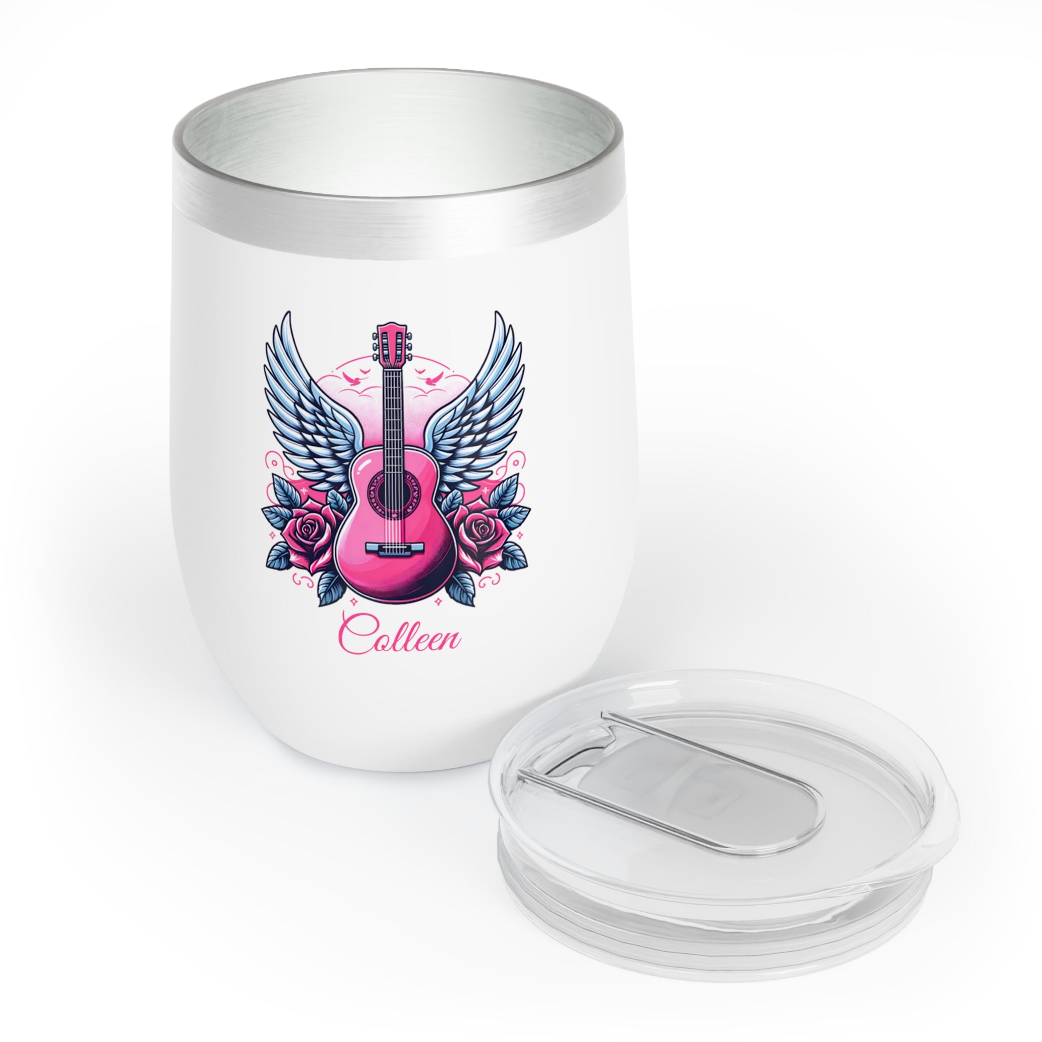 Personalized Pink Guitar with Wings Wine Tumbler – Custom Stainless Steel 12oz Insulated Cup, Music Lover or Guitarist Gift