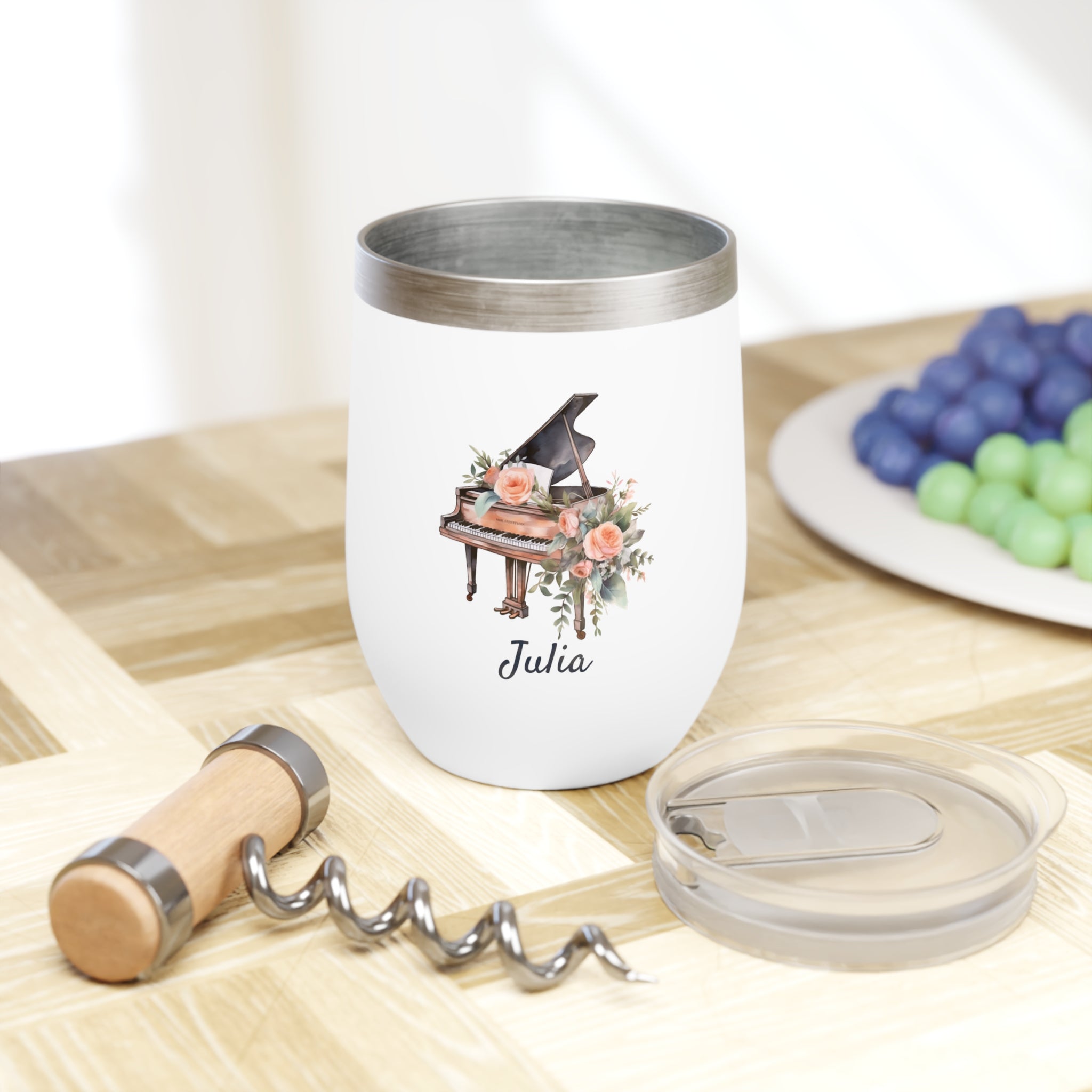 Personalized Grand Piano and Flowers Wine Tumbler – 12oz Stainless Steel Cup, Insulated Music Lover Gift for Pianists and Piano Teachers