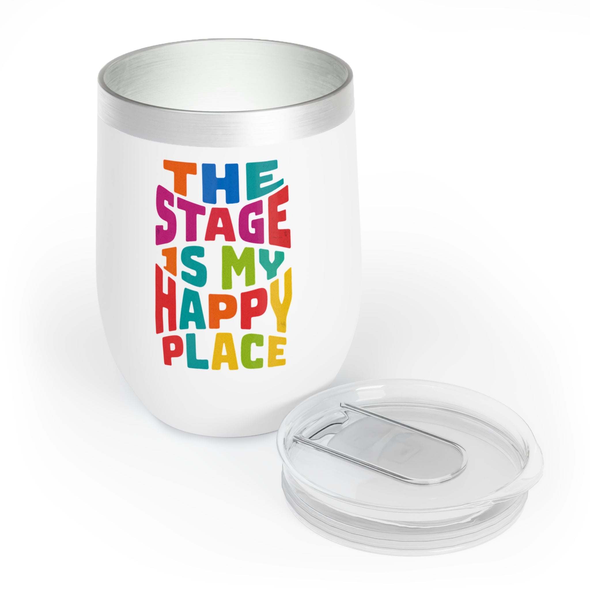 The Stage Is My Happy Place Wine Tumbler – 12oz Stainless Steel Insulated Cup, Gift for Actors, Dancers & Theater Lovers
