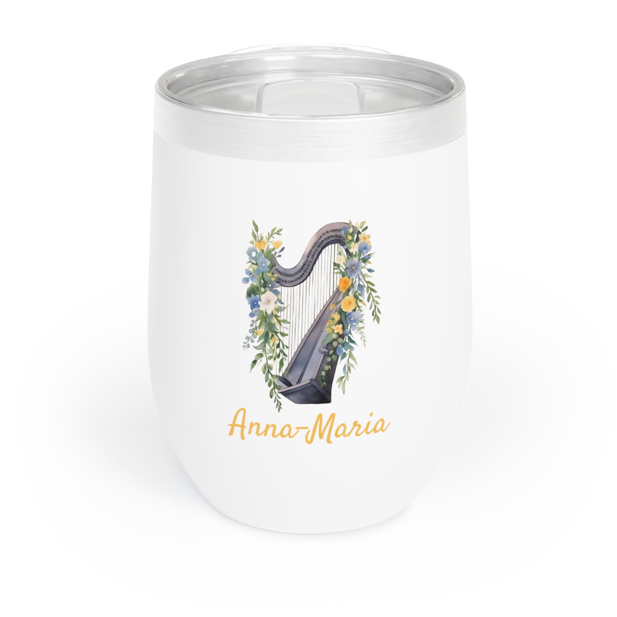 Personalized Floral Harp Wine Tumbler – 12oz Stainless Steel Cup, Insulated Music Lover Gift for Harpists, Teachers & Orchestra Fans