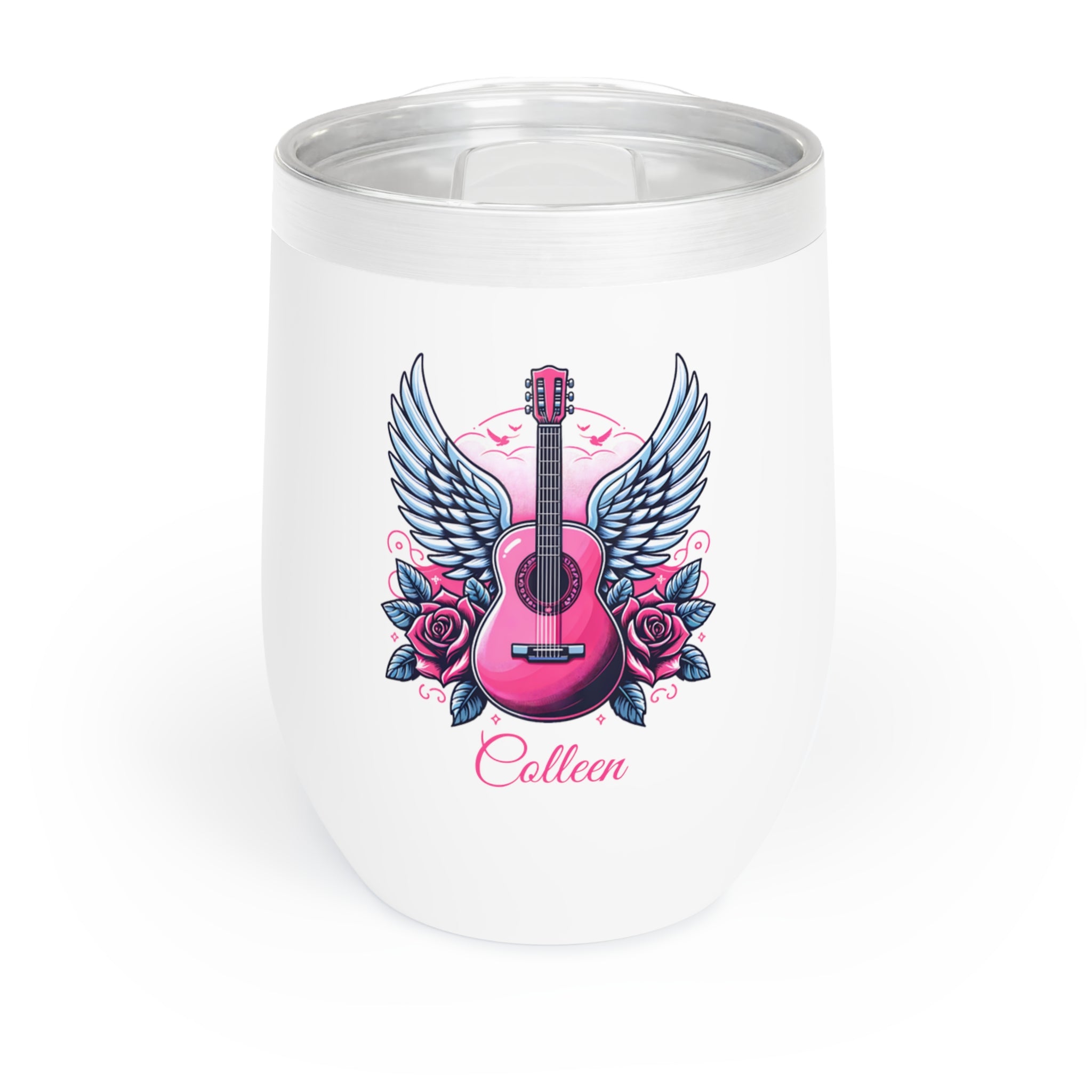 Personalized Pink Guitar with Wings Wine Tumbler – Custom Stainless Steel 12oz Insulated Cup, Music Lover or Guitarist Gift