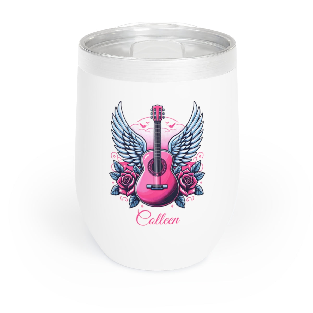 Personalized Pink Guitar with Wings Wine Tumbler – Custom Stainless Steel 12oz Insulated Cup, Music Lover or Guitarist Gift