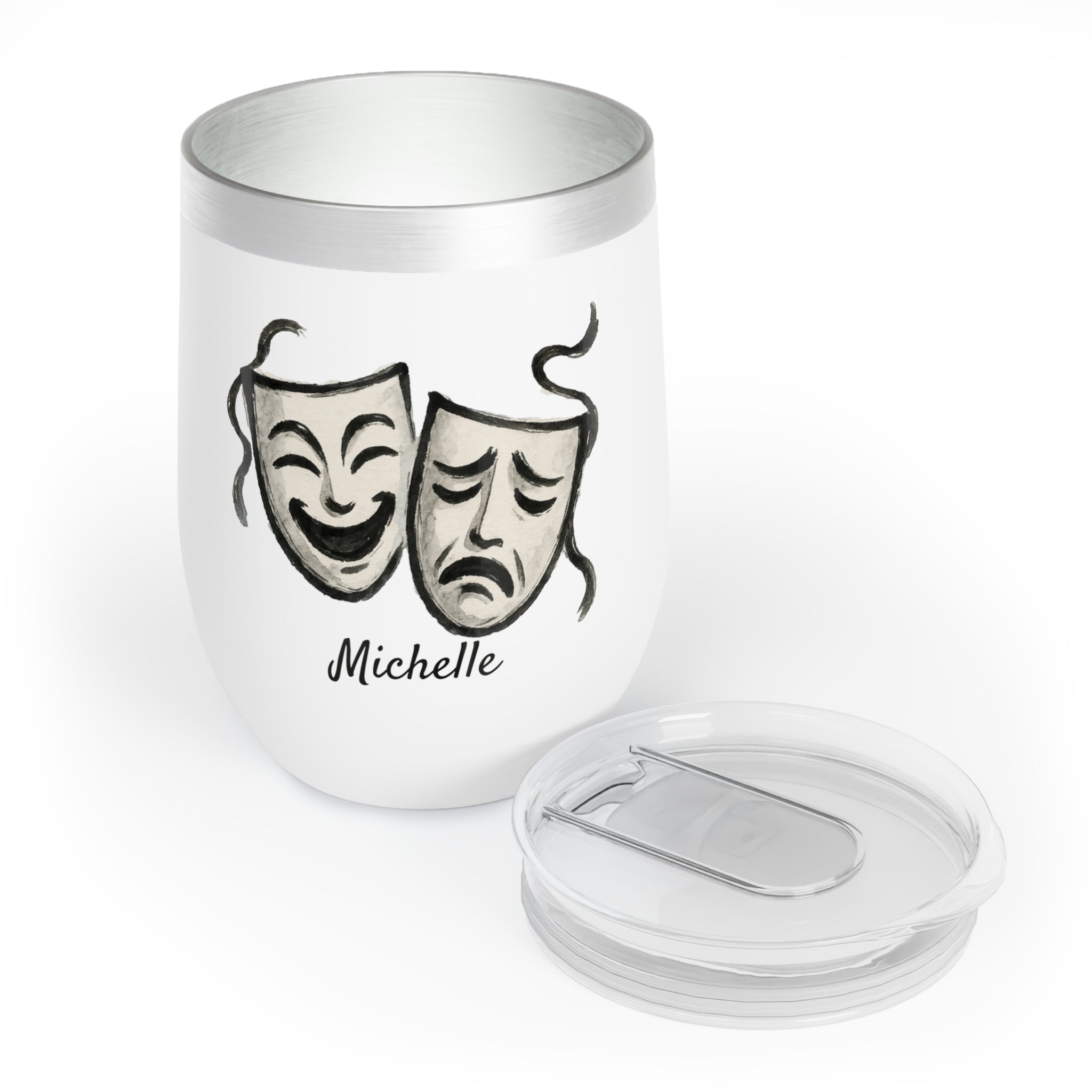 Theater Mask Art Wine Tumbler – 12oz Personalized Stainless Steel Cup, Insulated Gift for Drama Lovers, Actors & Stage Crew
