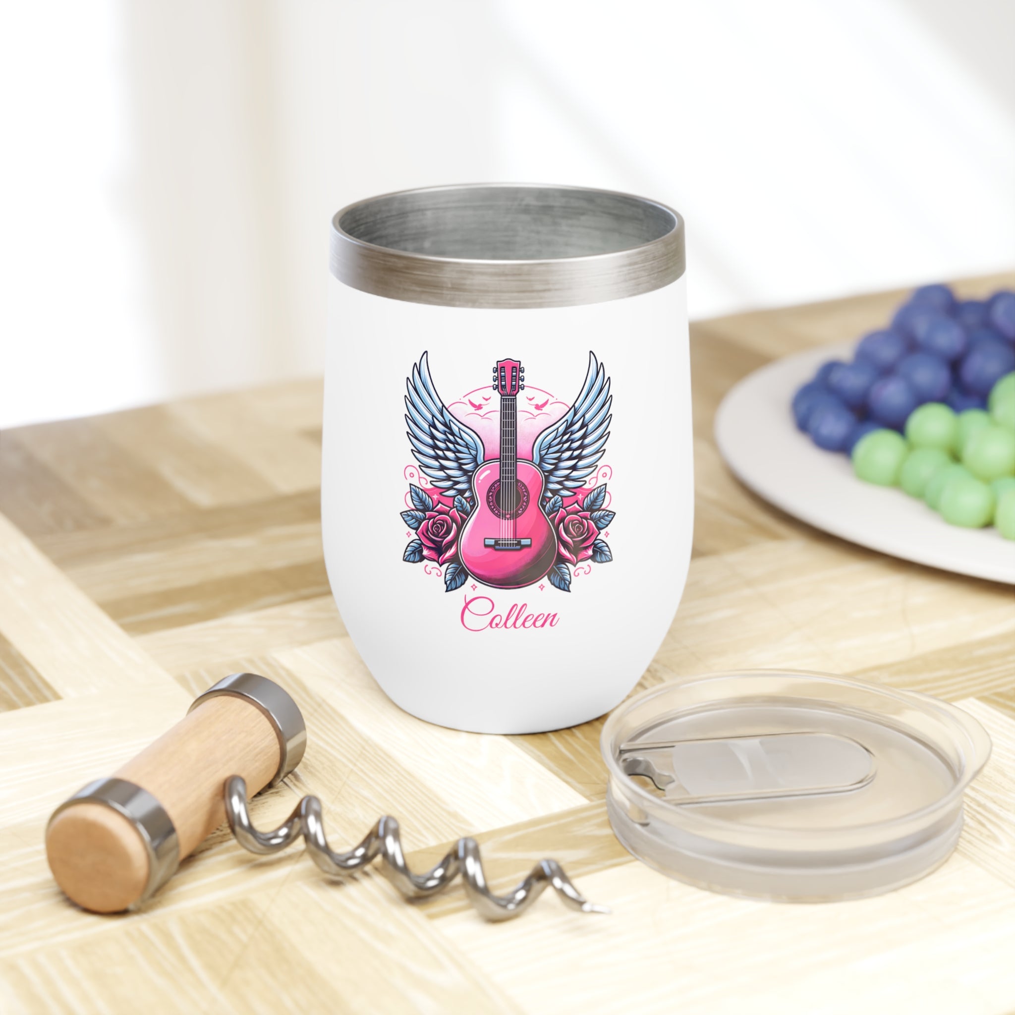 Personalized Pink Guitar with Wings Wine Tumbler – Custom Stainless Steel 12oz Insulated Cup, Music Lover or Guitarist Gift