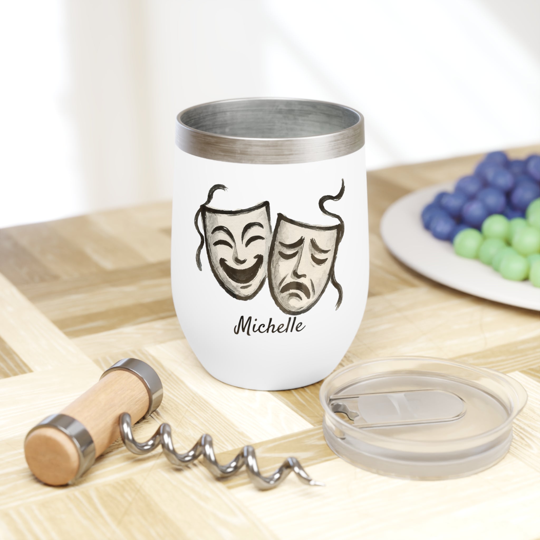 Theater Mask Art Wine Tumbler – 12oz Personalized Stainless Steel Cup, Insulated Gift for Drama Lovers, Actors & Stage Crew