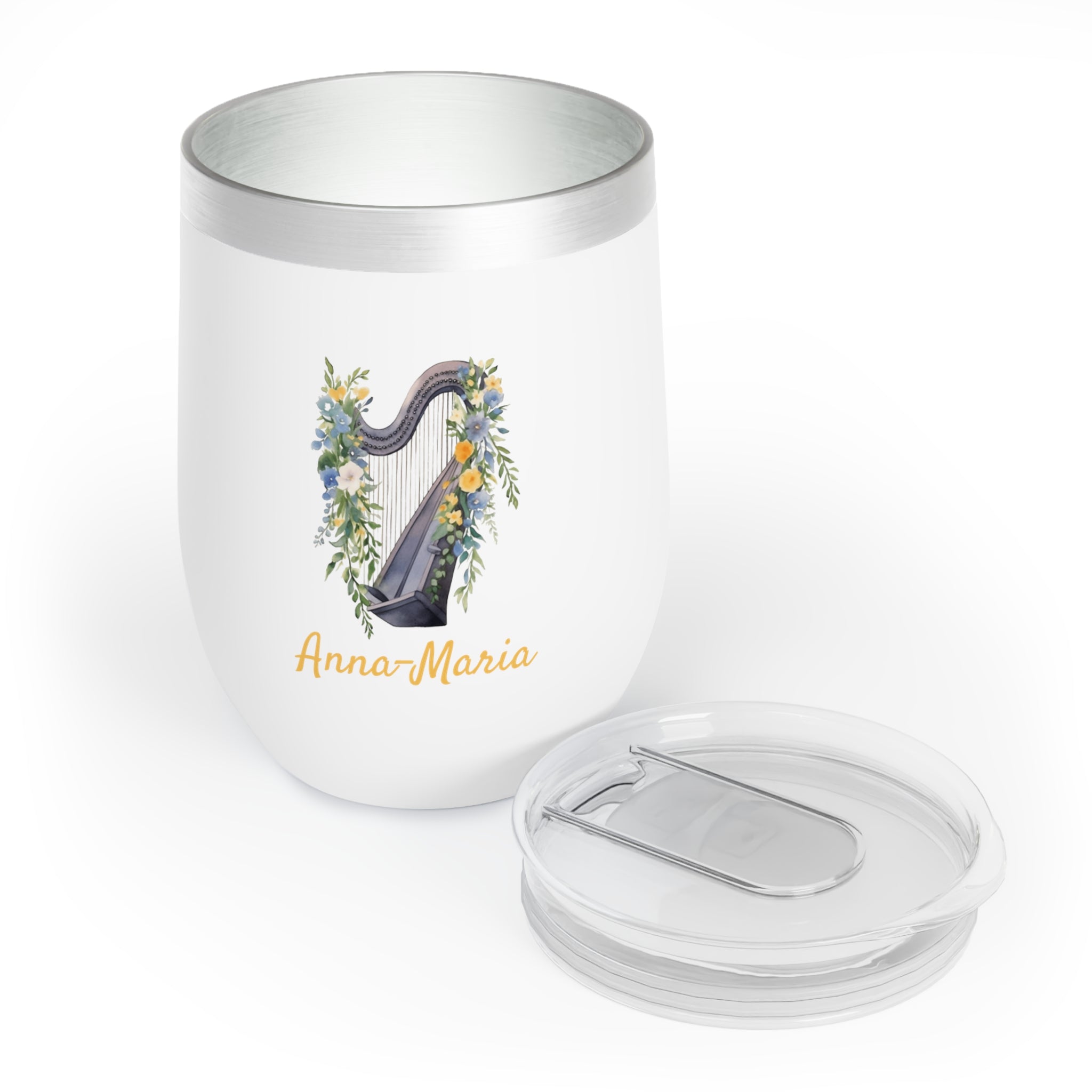 Personalized Floral Harp Wine Tumbler – 12oz Stainless Steel Cup, Insulated Music Lover Gift for Harpists, Teachers & Orchestra Fans