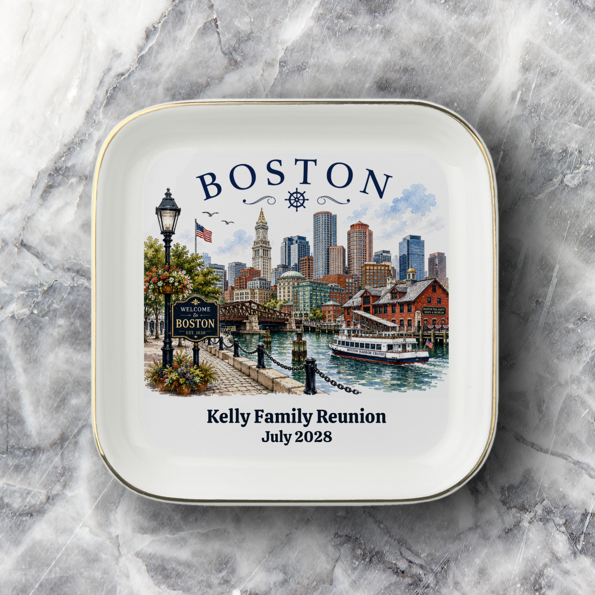 Personalized Boston Souvenir Jewelry Dish, Boston Harbor Trinket Tray, Massachusetts Travel Keepsake, Gift for Boston Lovers