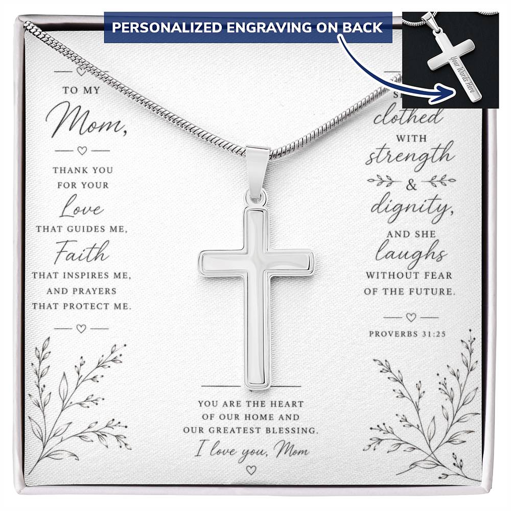 Personalized Cross Necklace for Mom, Christian Faith Jewelry, Mother's Day Gift, Proverbs 31:25 Religious Pendant