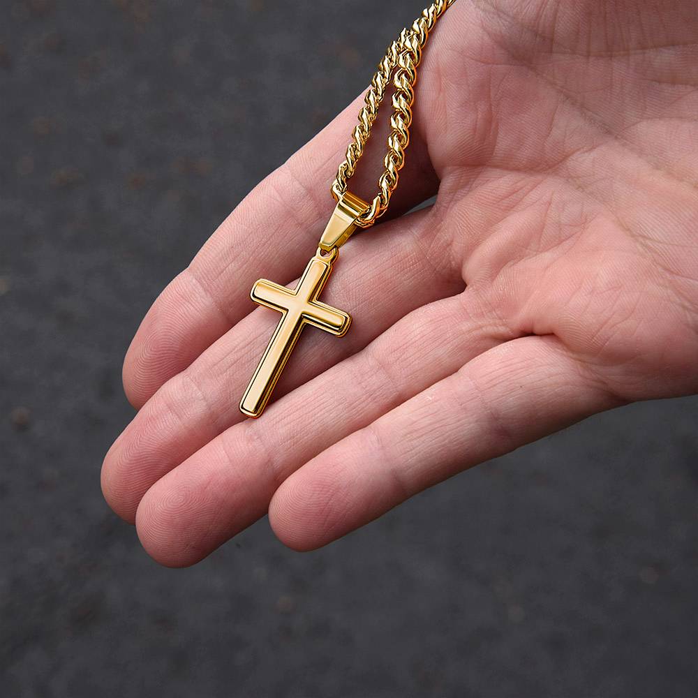 Personalized Engraved Cross Necklace for Men, Cuban Link Chain