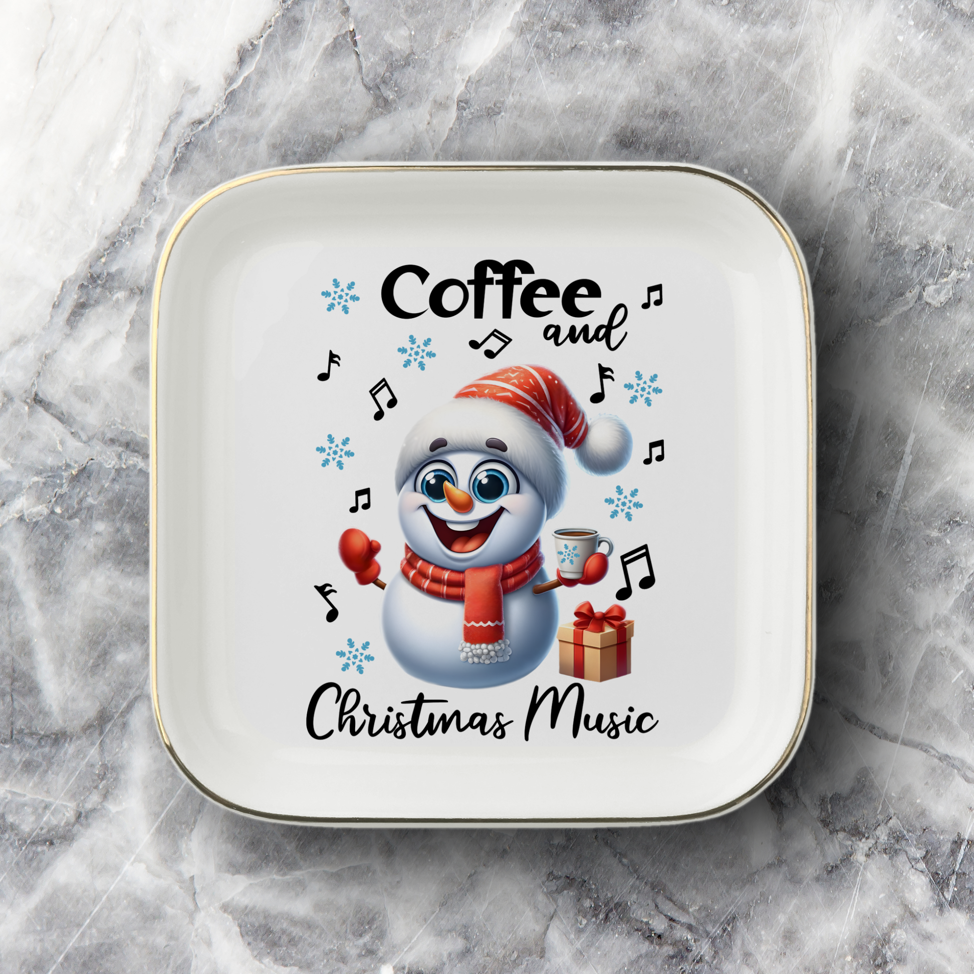 Christmas Music Snowman Jewelry Dish, Coffee and Holiday Music Ring Holder, Festive Winter Jewelry Tray, Christmas Gift Idea for Music Lover