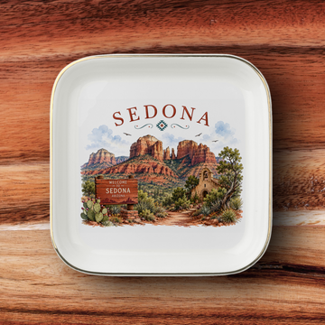 Sedona Arizona Jewelry Dish, Red Rock Desert Landscape Trinket Tray, Southwest Travel Keepsake, Gold-Trimmed Ceramic Catchall Dish