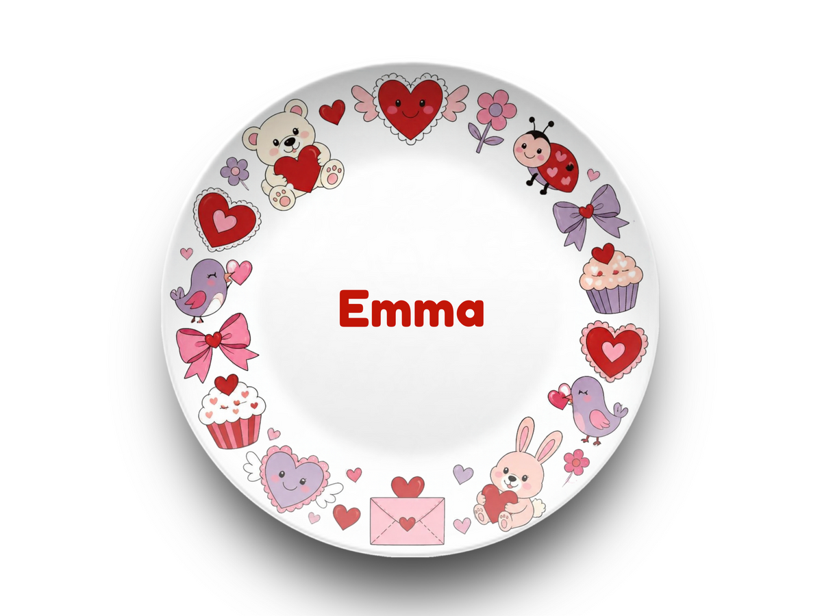 Personalized Valentine Plate, Heart Love Design, UNBREAKABLE – Not Ceramic, 10 Inch Plate, Gift for Valentine’s Day, Kids Custom Plate