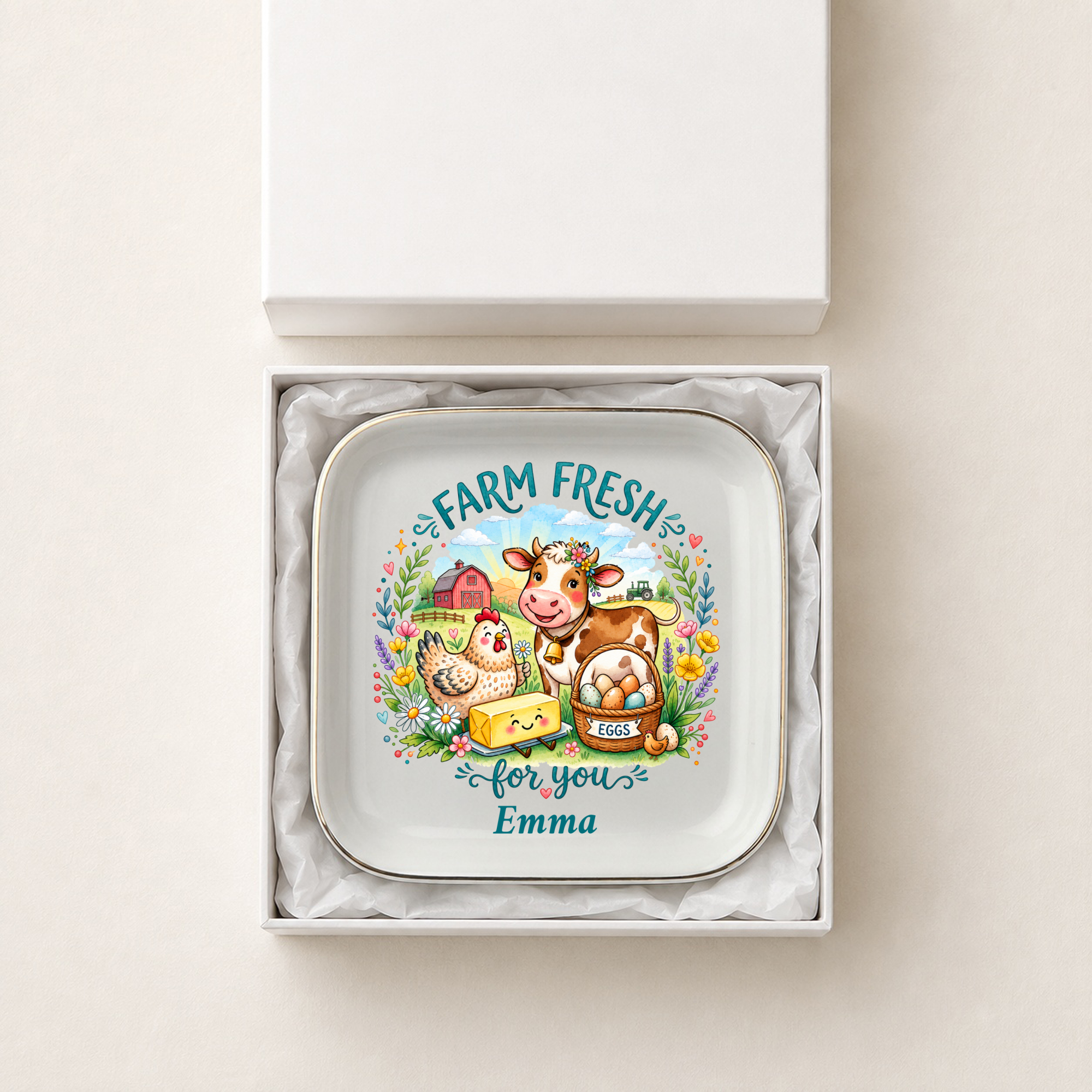 Farm Fresh Jewelry Dish, Personalized Farmhouse Trinket Tray, Cow and Chicken Keepsake Gift, Country Decor, Ceramic Ring Dish