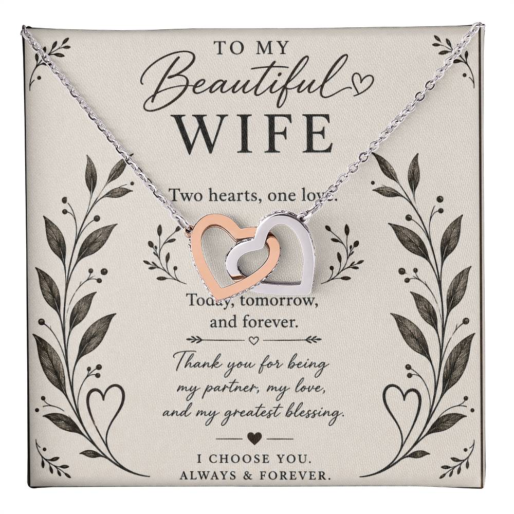 To My Beautiful Wife Interlocking Hearts Necklace, Romantic Anniversary Gift, Two Hearts One Love Jewelry