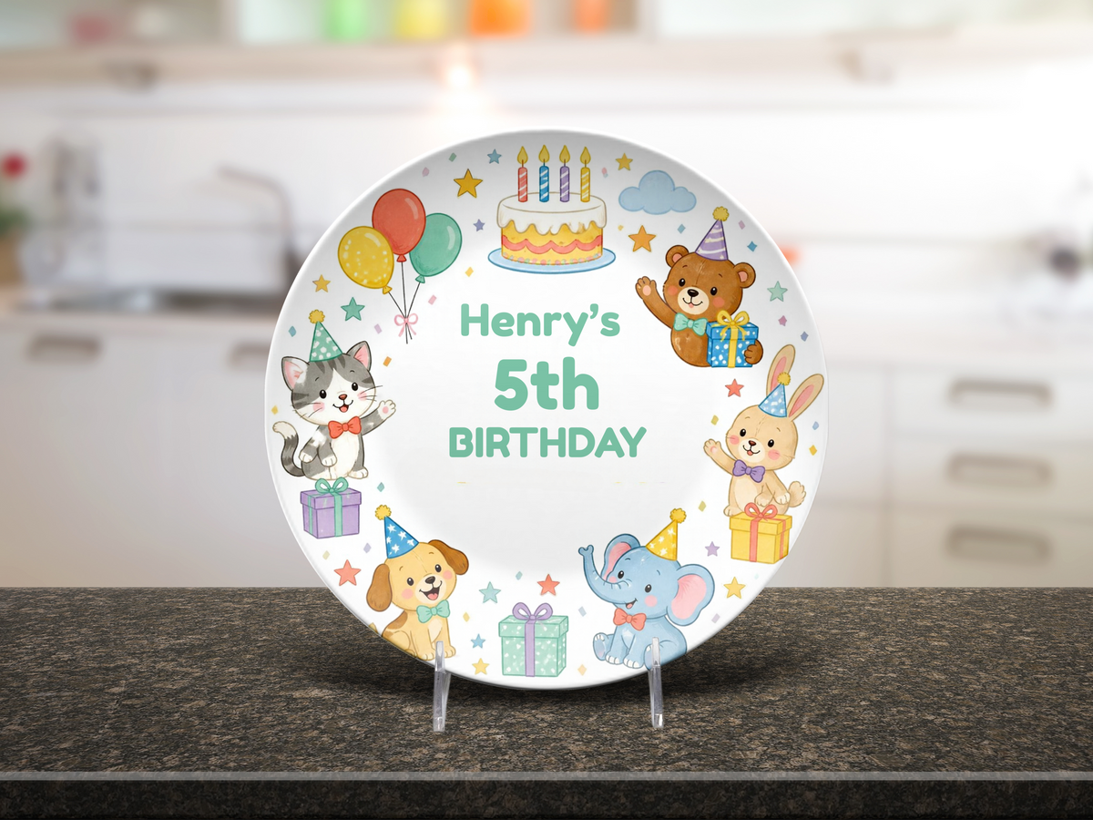 5th Birthday Plate, Personalized Kids Birthday Party Decoration, Bear, Bunny, Cat, Puppy & Elephant Design, UNBREAKABLE – Not Ceramic