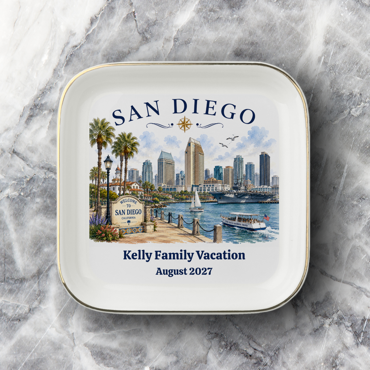 Personalized San Diego Jewelry Dish, California Travel Keepsake, Harbor Skyline Trinket Tray, Coastal Souvenir Gift, Gold Trim Ceramic Dish