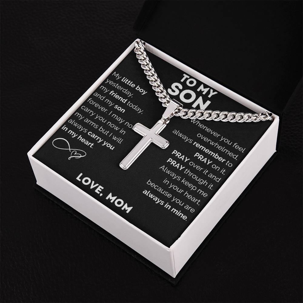 Personalized Cross Necklace, Cuban Link Chain Gift, To My Son Charm, Faith Jewelry, Engraved Pendant, Inspirational Gift Memory