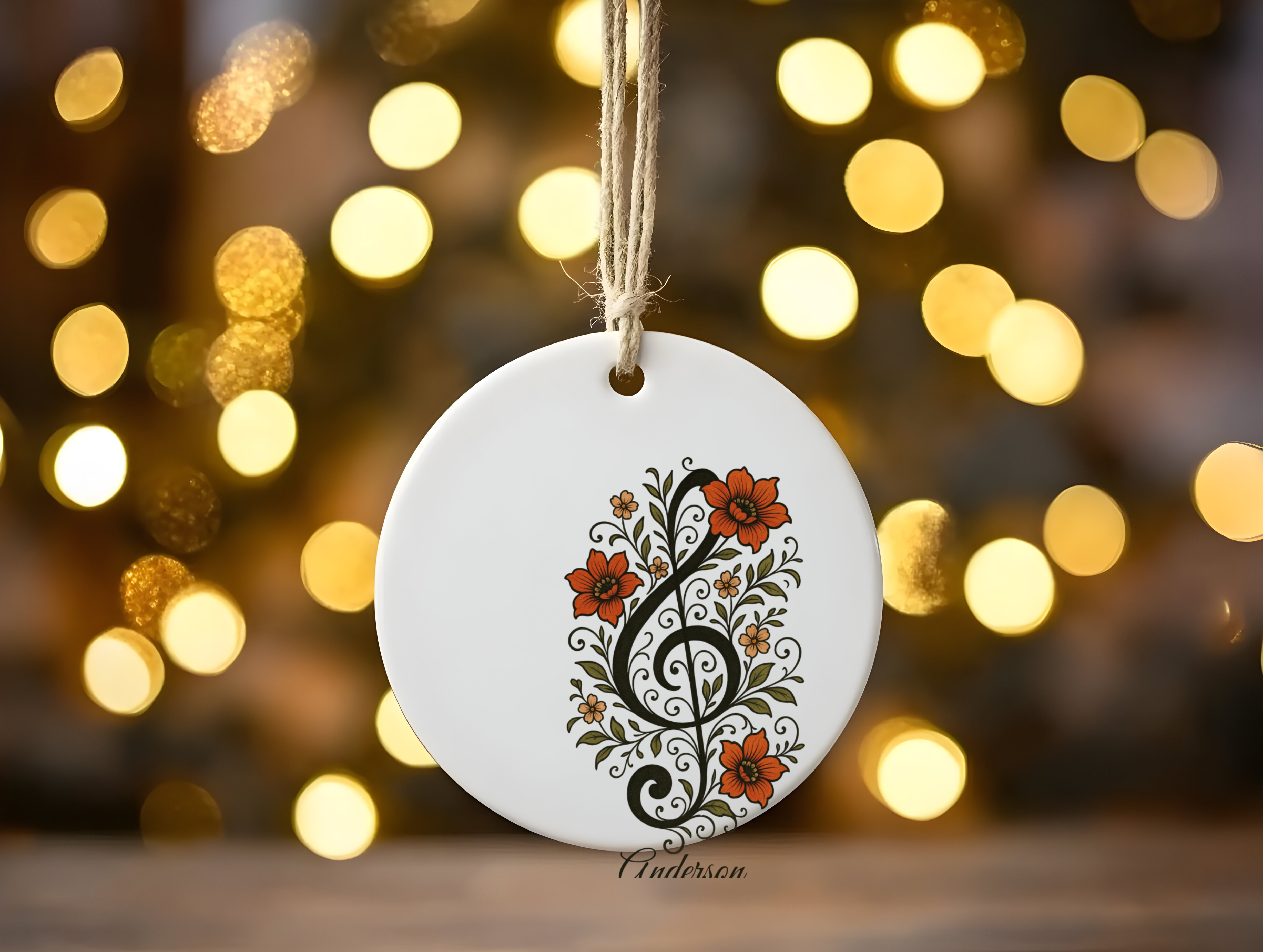 Personalized Treble Clef Floral Ornament – Custom Name 3" Ceramic Christmas Tree Decoration, Music Lover Gift for Singers & Musicians
