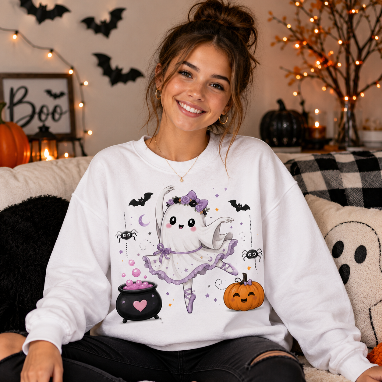 Ghost Ballerina Halloween Sweatshirt, Cute Ballet Dancer Ghost Crewneck, Spooky Ballet Shirt, Ballerina Gift, Pink Halloween Sweater