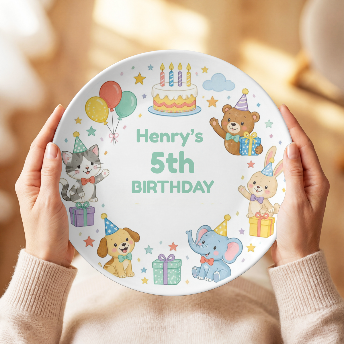 5th Birthday Plate, Personalized Kids Birthday Party Decoration, Bear, Bunny, Cat, Puppy & Elephant Design, UNBREAKABLE – Not Ceramic