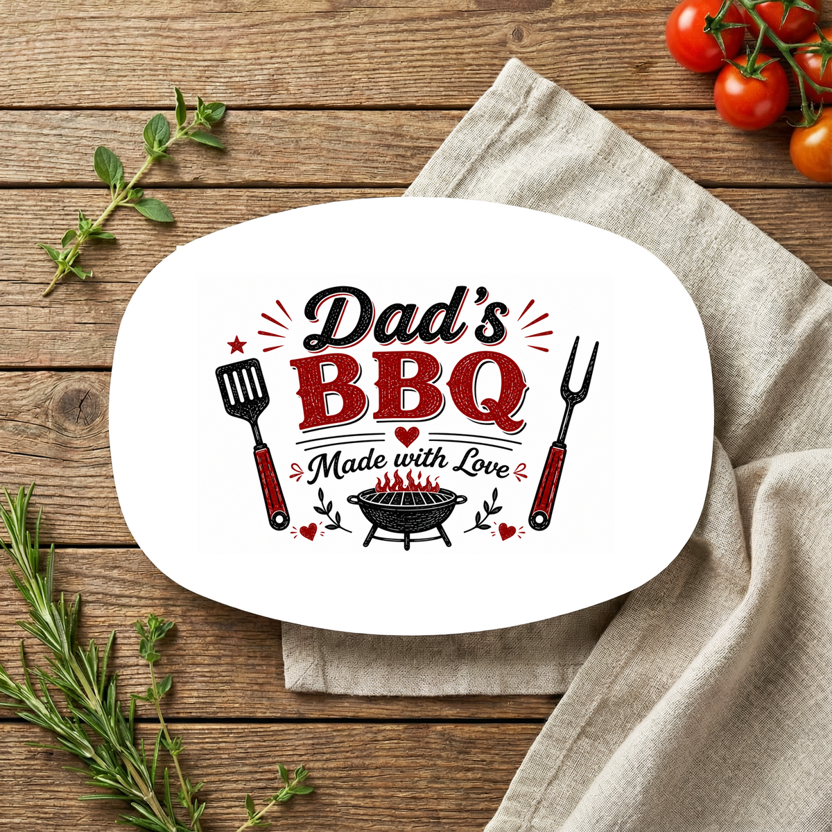 Dad's BBQ Serving Platter, Made With Love Grill Gift, Father's Day Barbecue Entertaining Tray, Oval Outdoor Cookout Table Decor Gift