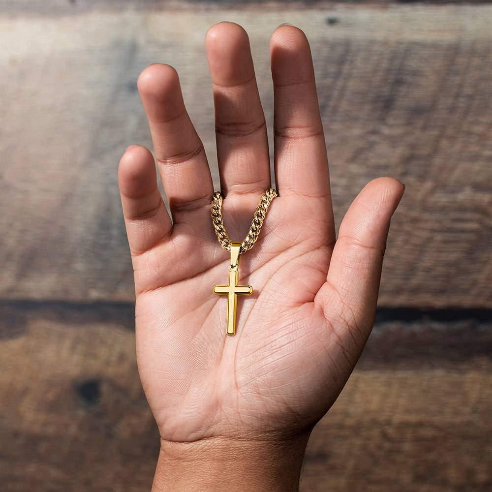 Personalized Engraved Cross Necklace for Men, Cuban Link Chain