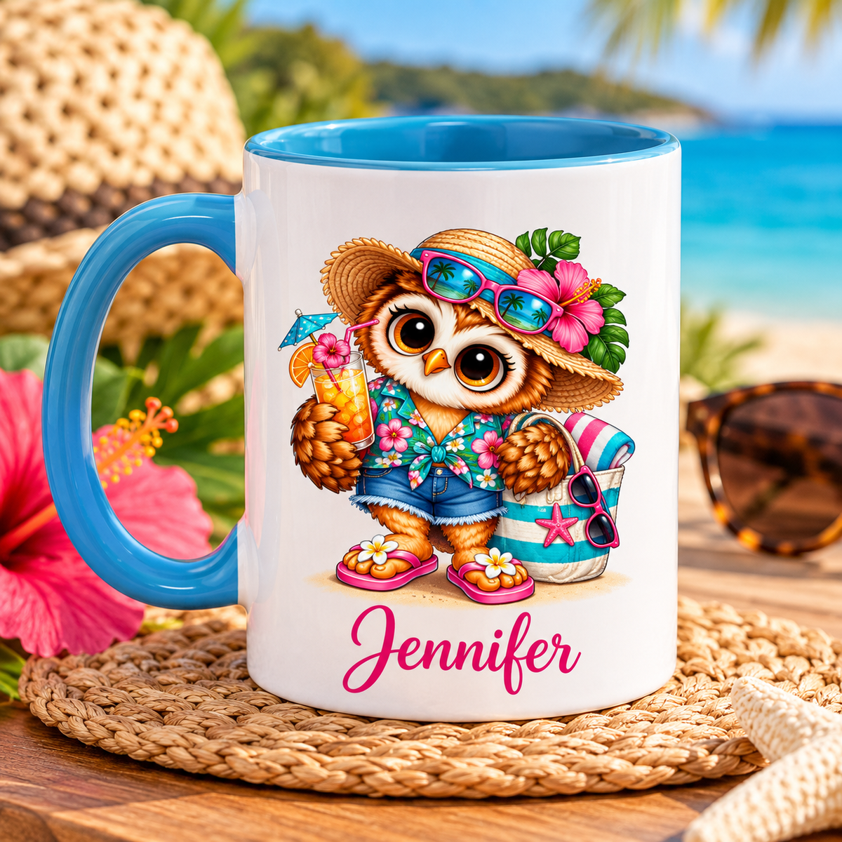 Personalized Beach Owl Coffee Mug, Tropical Bird Lover Gift, Cute Summer Owl Mug, Custom Name Bird Watching Gift