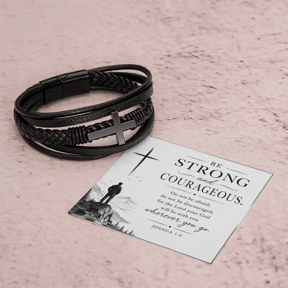 Men's Cross Leather Bracelet, Christian Gift for Him, Joshua 1:9 Courage Bracelet, Faith Gift for Husband, Boyfriend, Dad or Friend