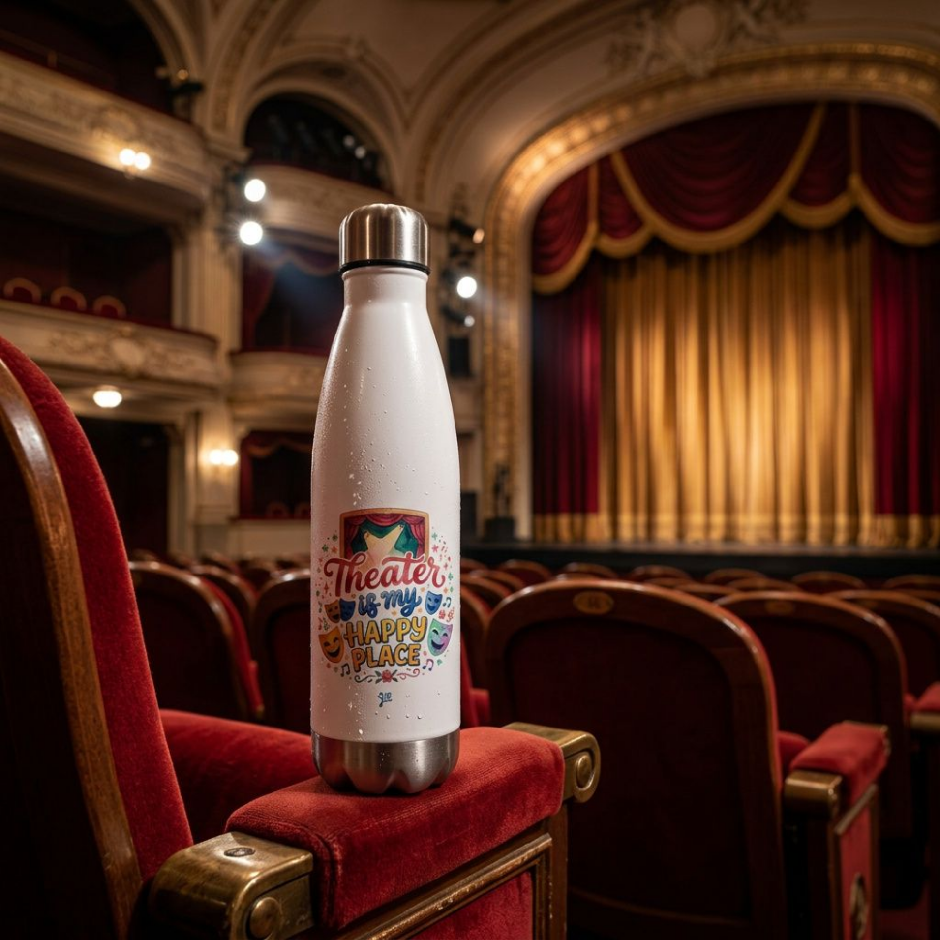 Personalized Theater Gift Insulated Water Bottle, Happy Place Design, 20oz Thermos, Eco-Friendly Stainless Steel, Reusable Drinkware, Spill Proof