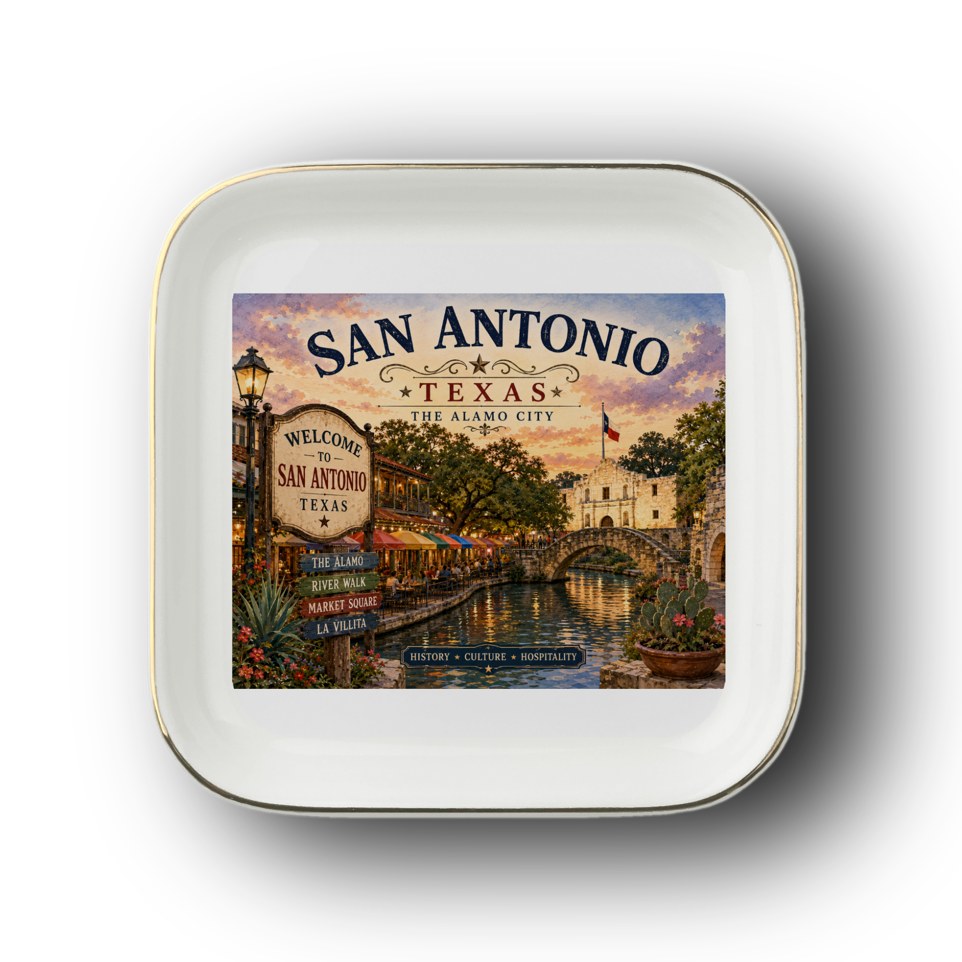 San Antonio Texas Jewelry Dish, Alamo City River Walk Keepsake, Gold Trim Ceramic Travel Souvenir, Texas Gift for San Antonio Lovers