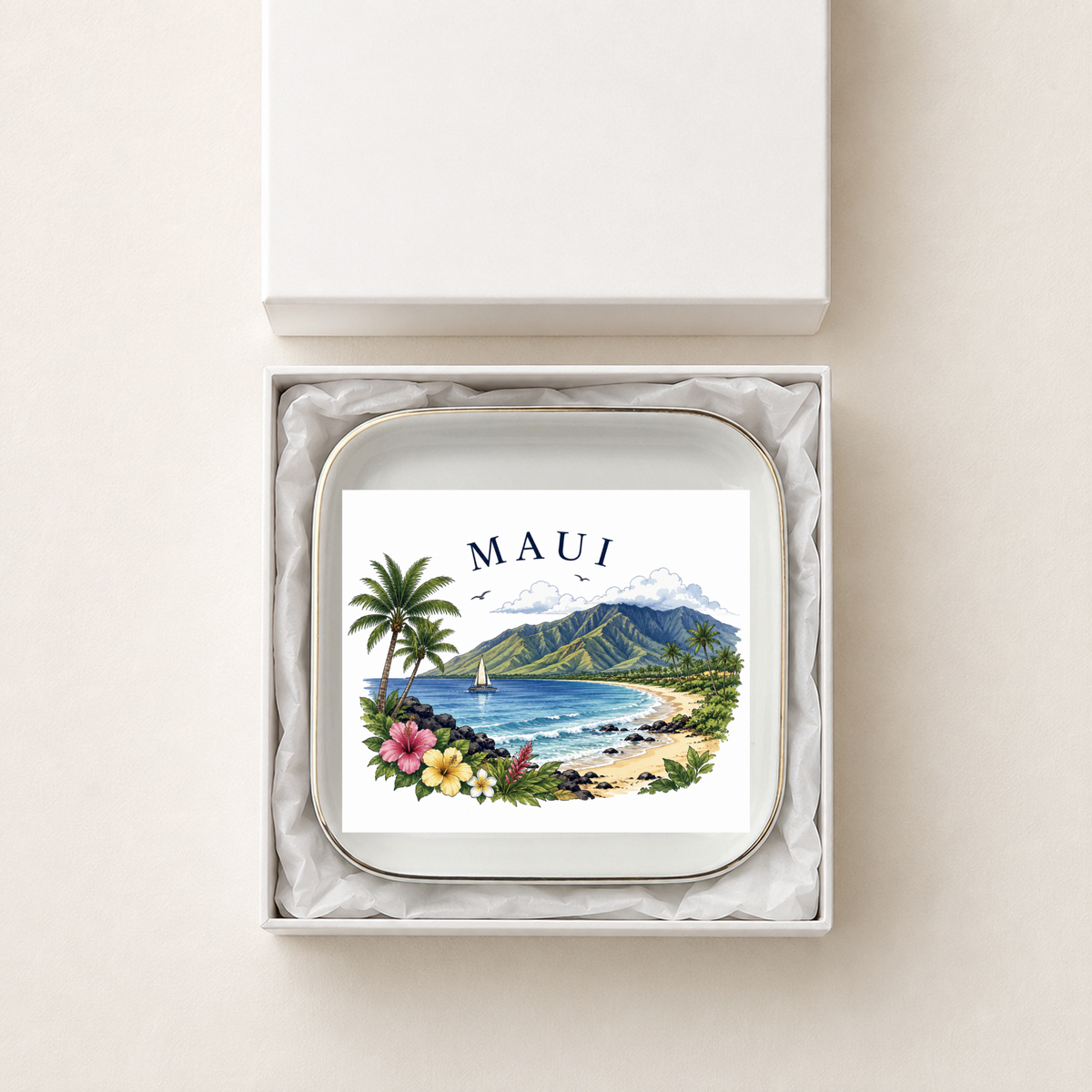Maui Jewelry Dish, Hawaiian Island Trinket Tray, Sourvenir Ring Holder, Travel Gift, Gold Trim Ceramic Catchall
