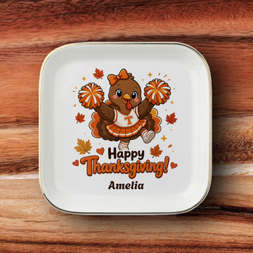 Personalized Thanksgiving Jewelry Dish, Cheerleader Turkey Trinket Tray, Fall Decor, Custom Name Gift, Ceramic Ring Holder