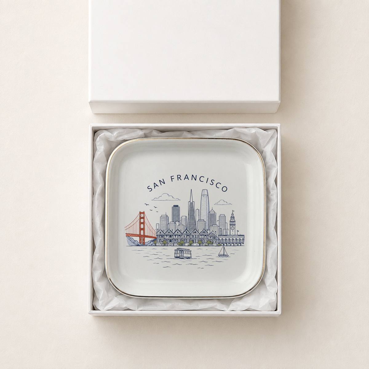 San Francisco Souvenir Jewelry Dish, Golden Gate Bridge Trinket Tray, Golden Gate Bridge Keepsake Gift, Gold-Trimmed Ceramic Dish
