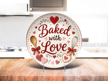 Baked with Love Plate, Valentine Kitchen Decor, Heart Baking Gift, Decorative Baker Plate, Romantic Dessert Serving Plate