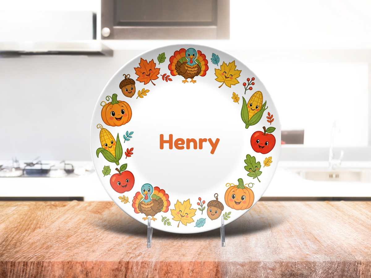 Personalized Thanksgiving Plate for Kids, Custom Name Fall Dinner Plate, Cute Turkey Pumpkin Autumn Plate, Thanksgiving Gift for Children