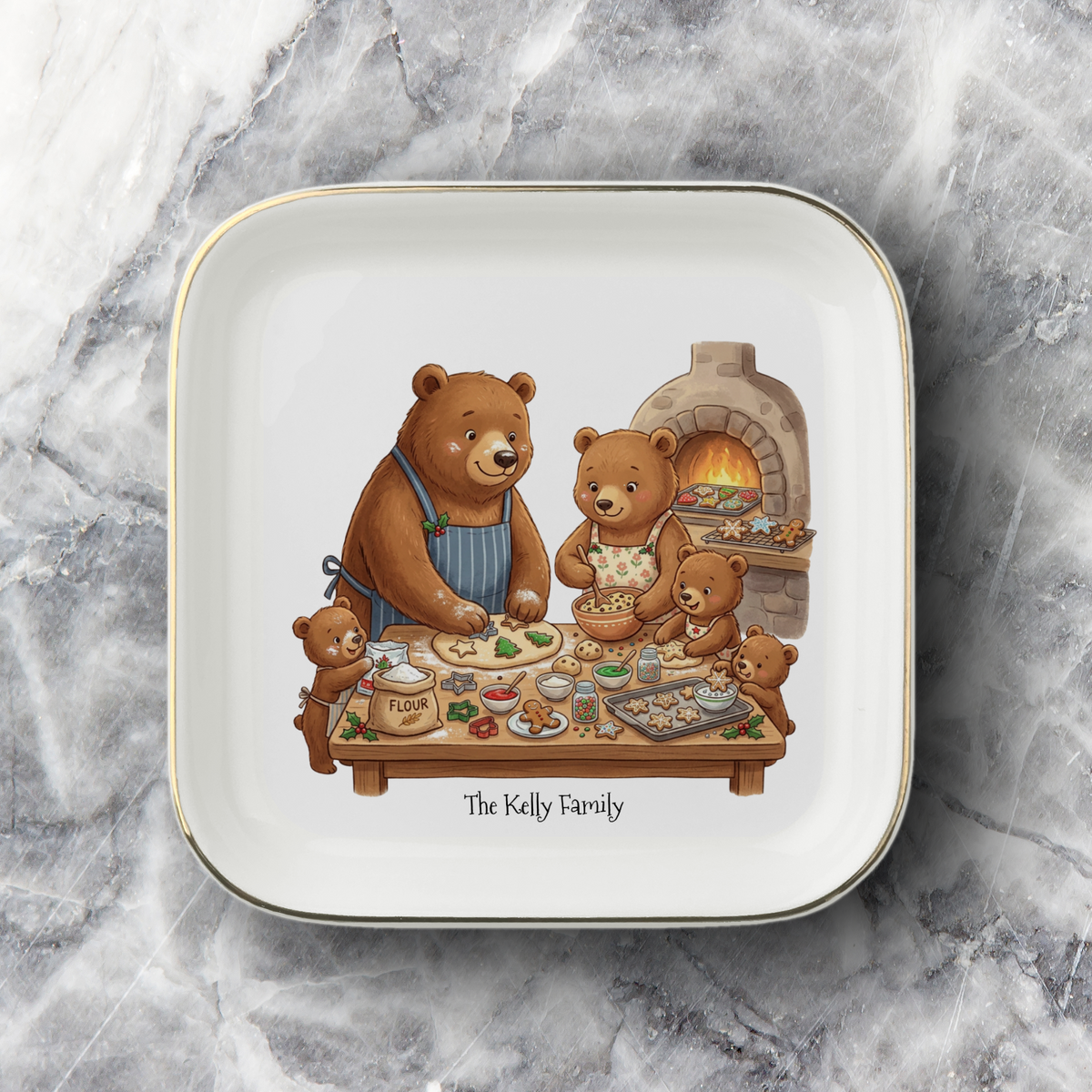 Personalized Bear Family Jewelry Dish, Christmas Cookies Trinket Tray, Ceramic Ring Holder, Kitchen Ring Holder