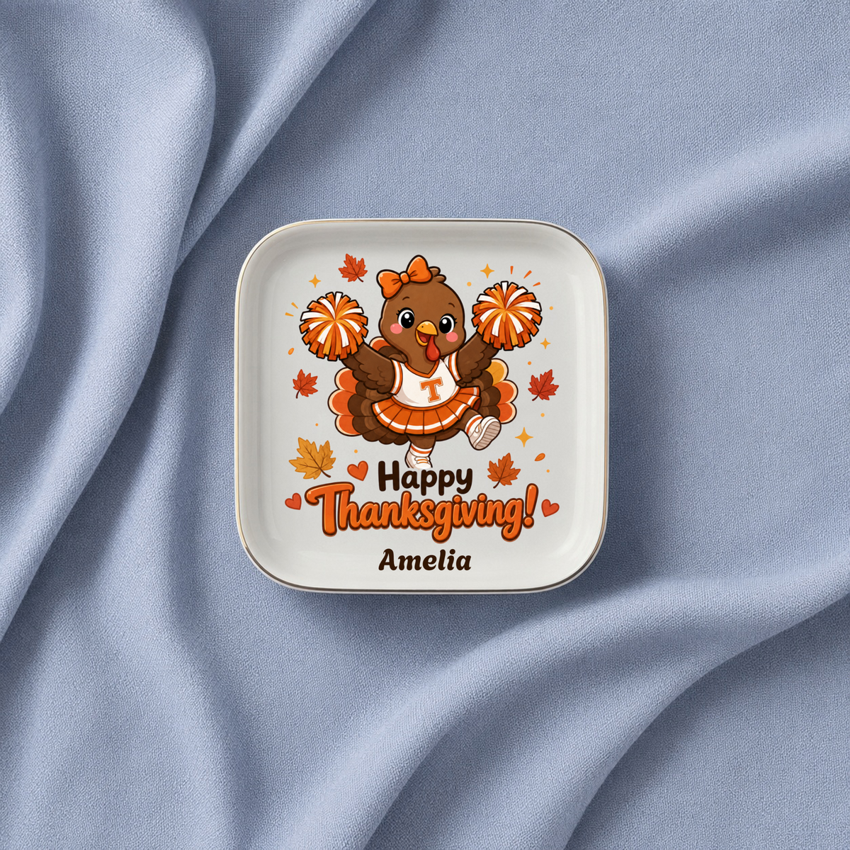 Personalized Thanksgiving Jewelry Dish, Cheerleader Turkey Trinket Tray, Fall Decor, Custom Name Gift, Ceramic Ring Holder