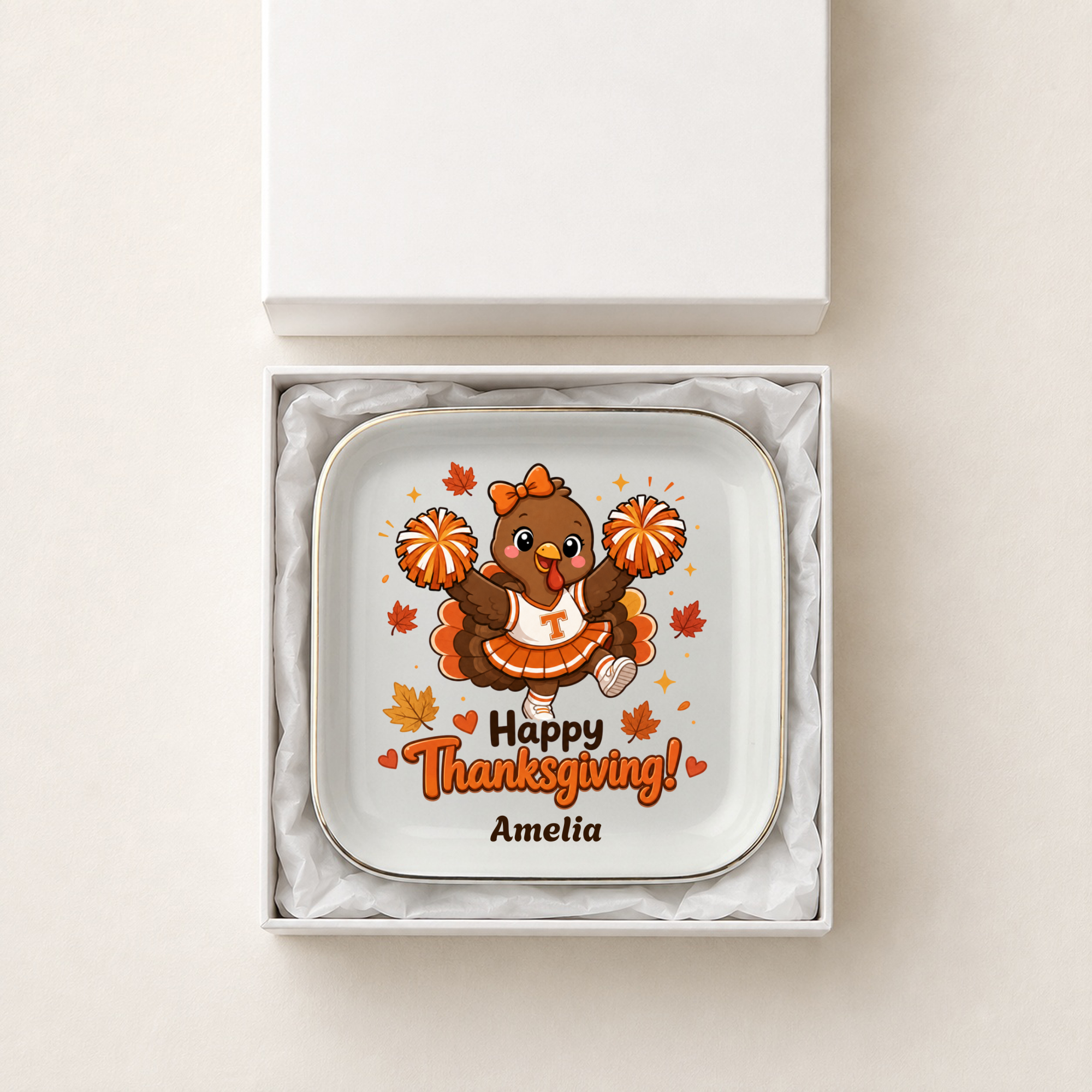 Personalized Thanksgiving Jewelry Dish, Cheerleader Turkey Trinket Tray, Fall Decor, Custom Name Gift, Ceramic Ring Holder