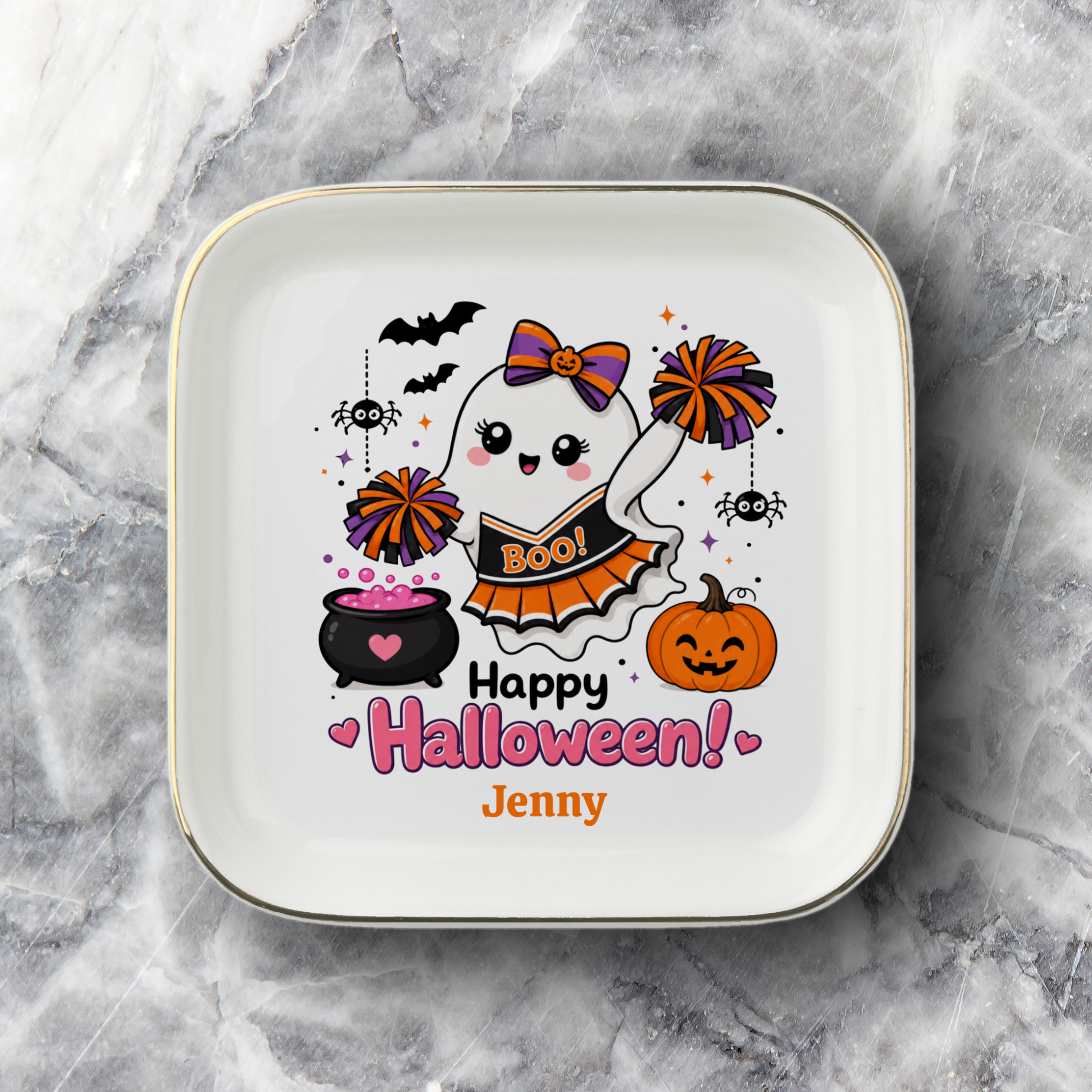 Halloween Gift for Cheerleaders, Personalized Halloween Jewelry Dish, Cute Ghost Trinket Tray, Ring Holder