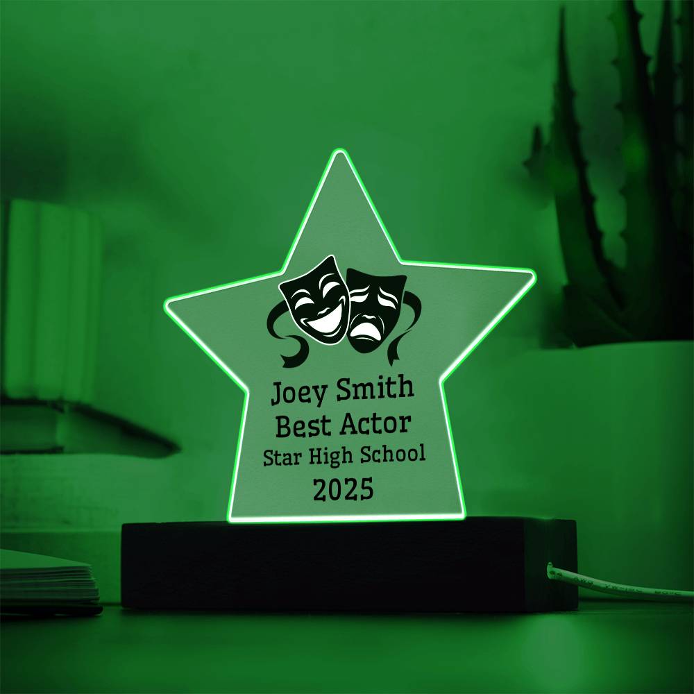 Best Actor Award – Personalized Acrylic Star Plaque with Theater Masks, Name, High School & Year