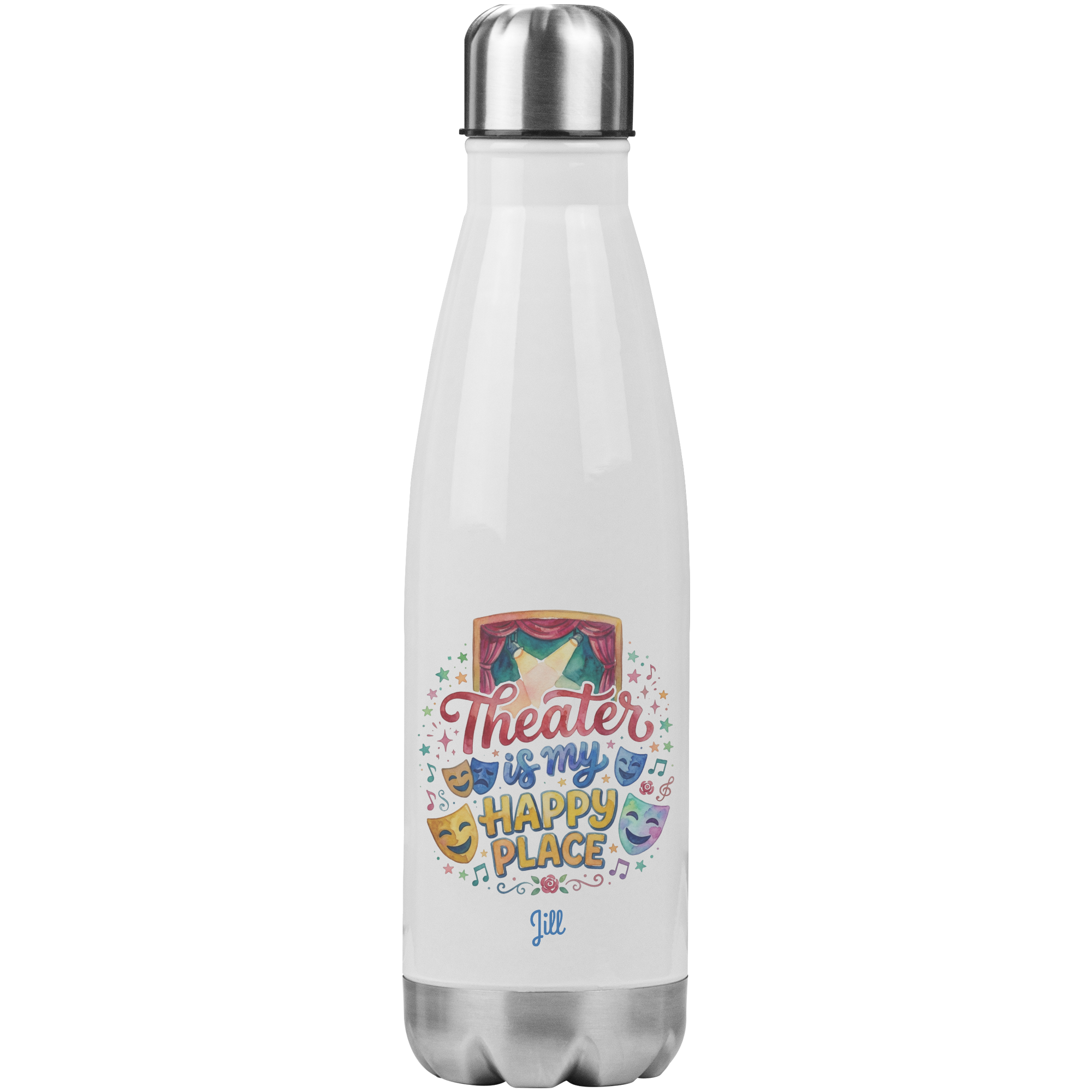 Personalized Theater Gift Insulated Water Bottle, Happy Place Design, 20oz Thermos, Eco-Friendly Stainless Steel, Reusable Drinkware, Spill Proof